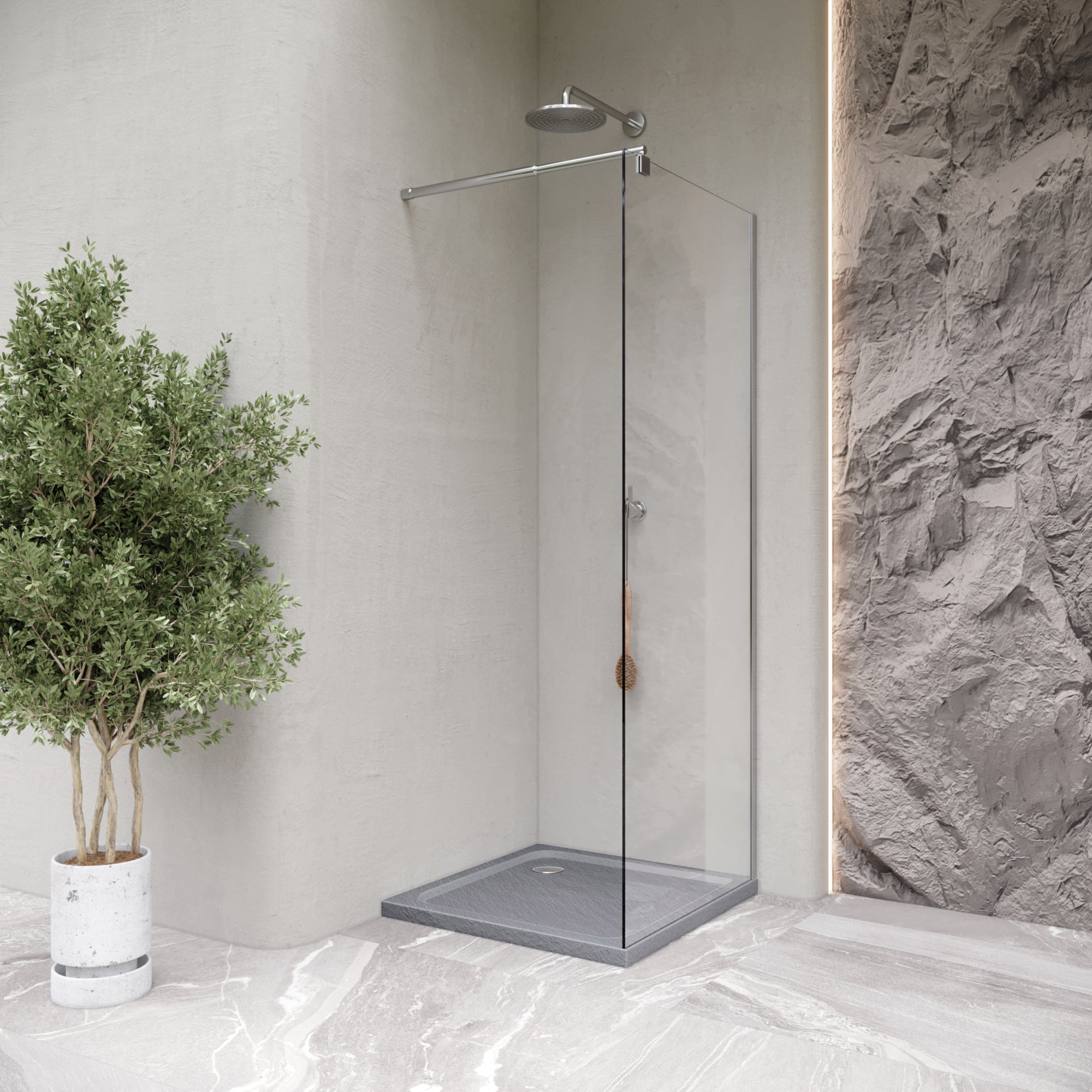 SHIMMER - Piatto doccia grigio Stone acrilico, texture pietra, ultrasottile 5 cm, sifone e valvola inclusi