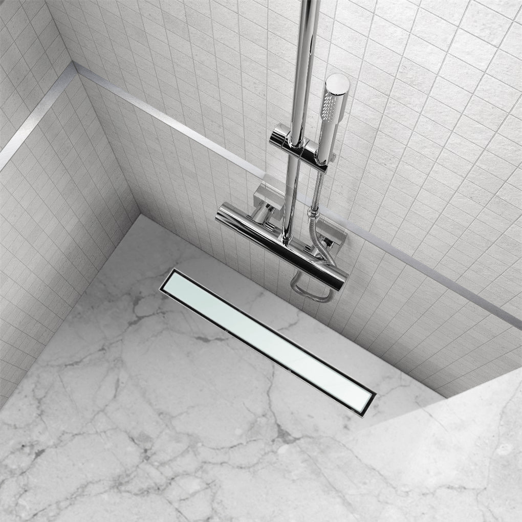 Ralo de duche plano de aço inoxidável com tampa de vidro branco B3