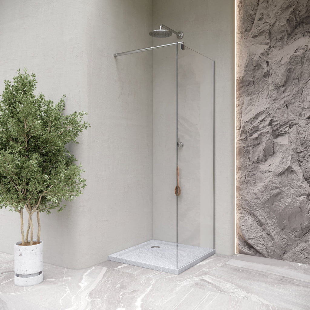 SHIMMER - Piatto doccia bianco Stone acrilico, texture pietra, ultrasottile 5 cm, sifone e valvola inclusi