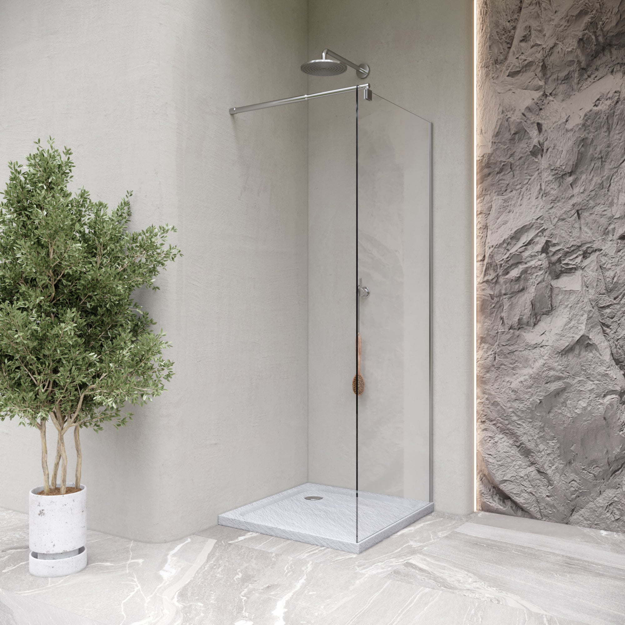 SHIMMER - Piatto doccia bianco Stone acrilico, texture pietra, ultrasottile 5 cm, sifone e valvola inclusi