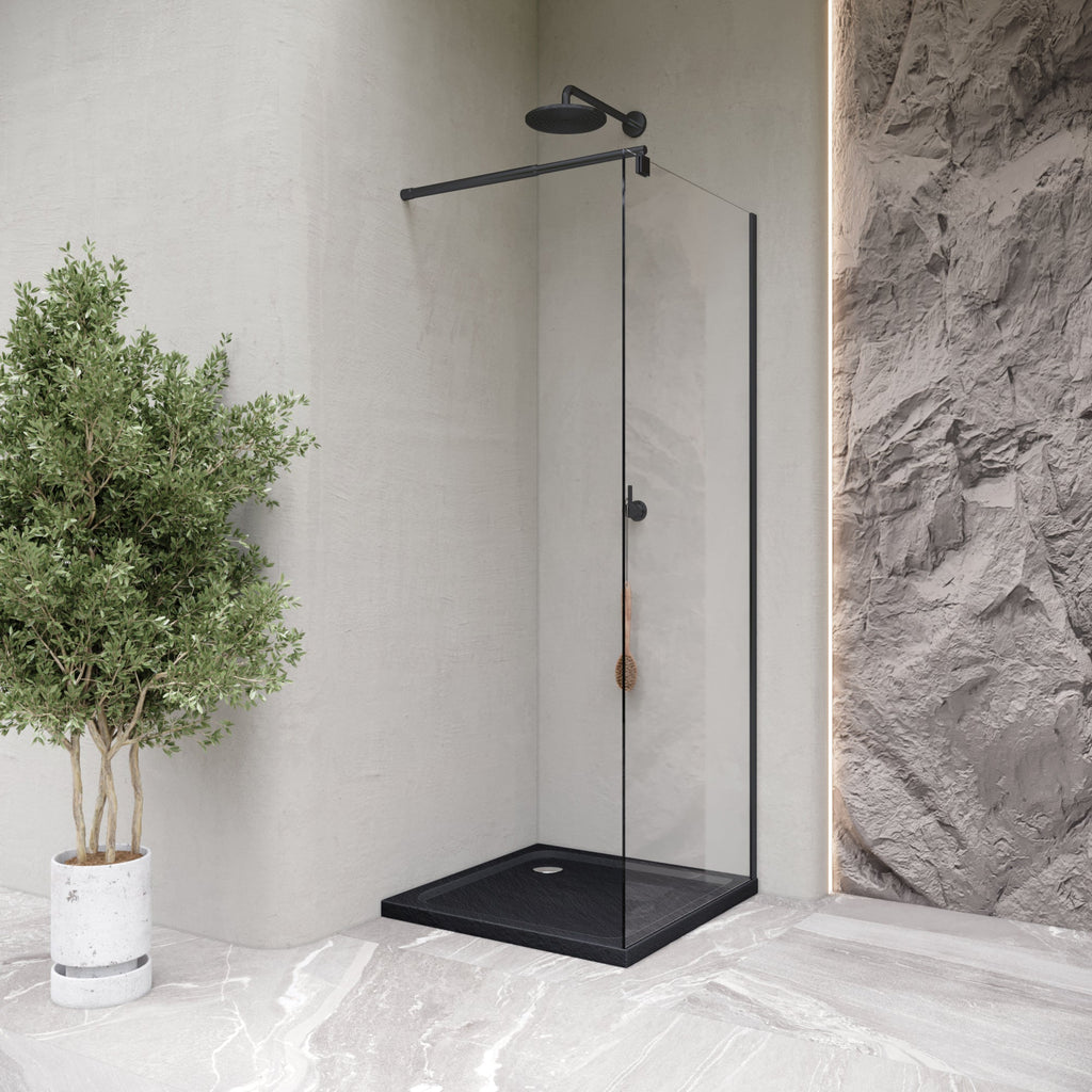 SHIMMER - Piatto doccia nero Stone acrilico, texture pietra, ultrasottile 5 cm, sifone e valvola inclusi