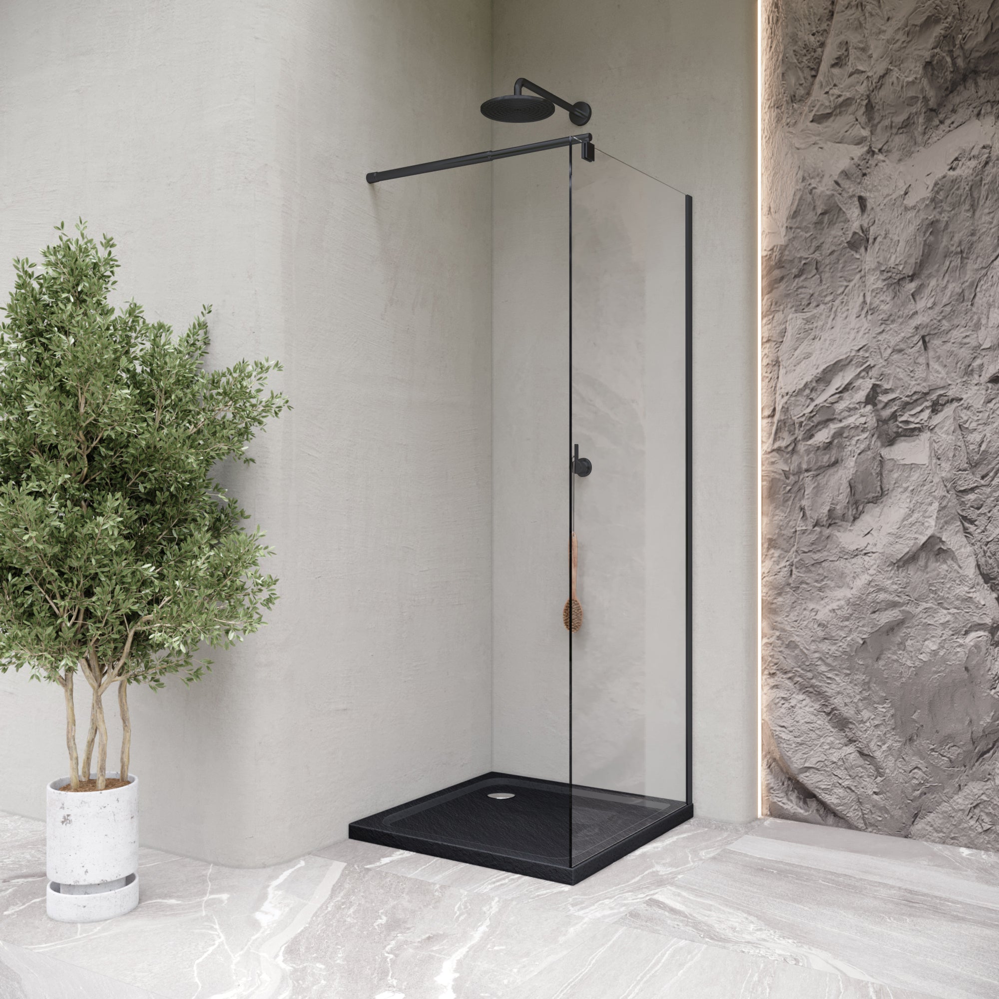 SHIMMER - Piatto doccia nero Stone acrilico, texture pietra, ultrasottile 5 cm, sifone e valvola inclusi