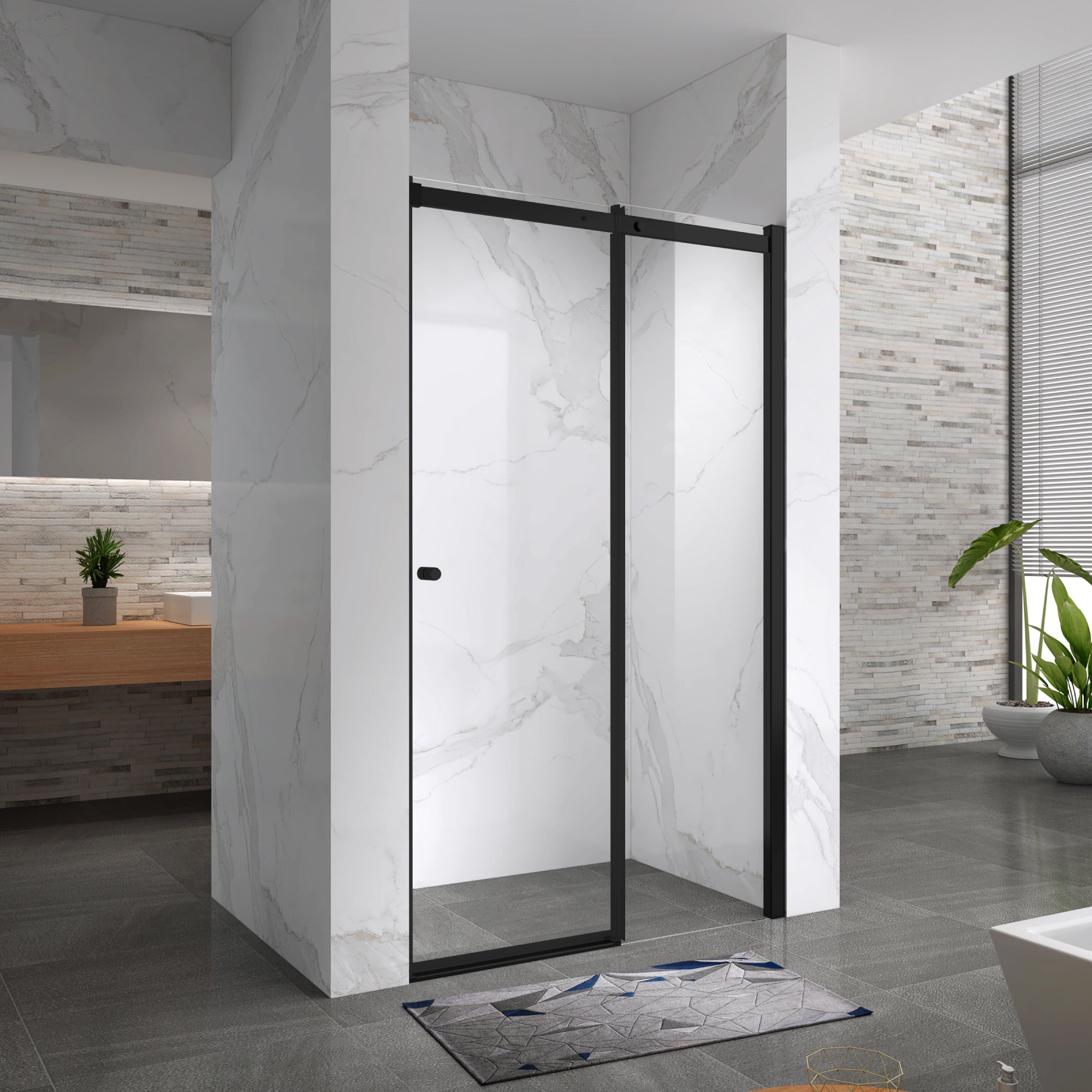 KAYLEE - Puerta de ducha reversible con puerta corredera y lateral fijo, perfil negro y vidrio templado transparente de 6 mm