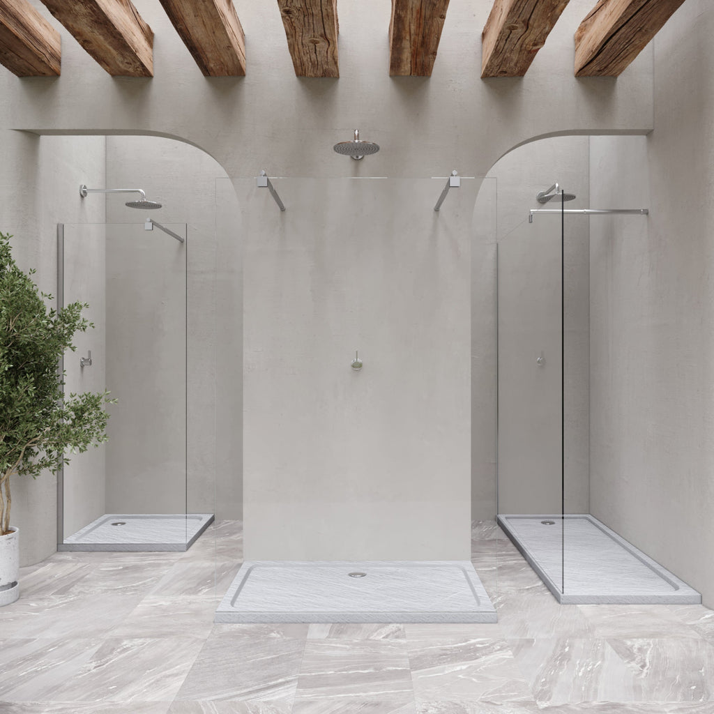 SHIMMER - Piatto doccia bianco Stone acrilico, texture pietra, ultrasottile 5 cm, sifone e valvola inclusi