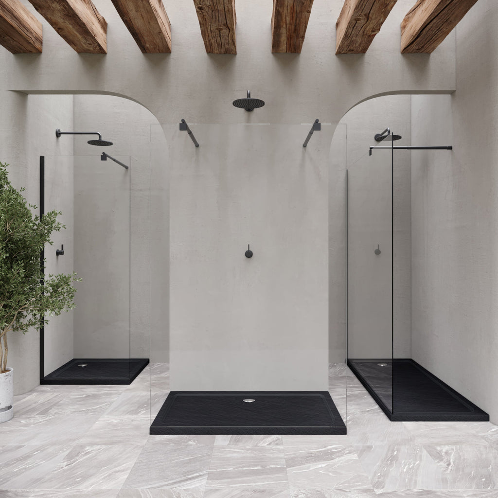SHIMMER - Piatto doccia nero Stone acrilico, texture pietra, ultrasottile 5 cm, sifone e valvola inclusi