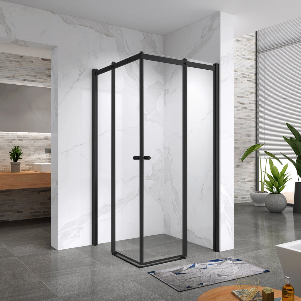 KAYLEE - Cabina doccia reversibile con porte scorrevoli, profilo nero e vetro temperato trasparente da 6 mm