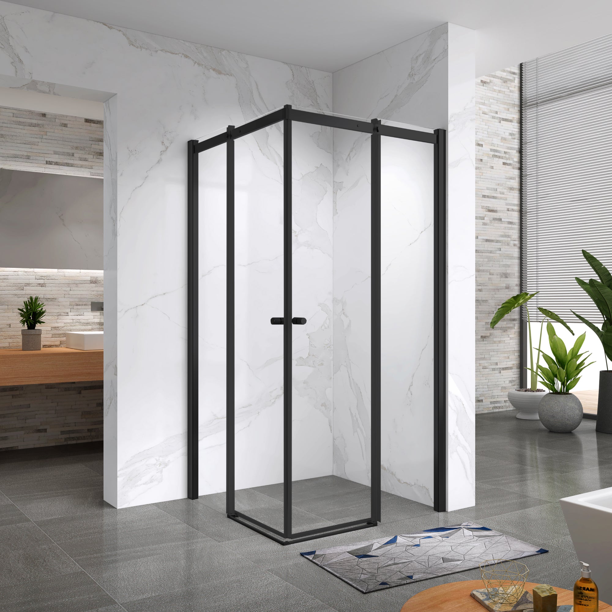 KAYLEE - Cabina doccia reversibile con porte scorrevoli, profilo nero e vetro temperato trasparente da 6 mm