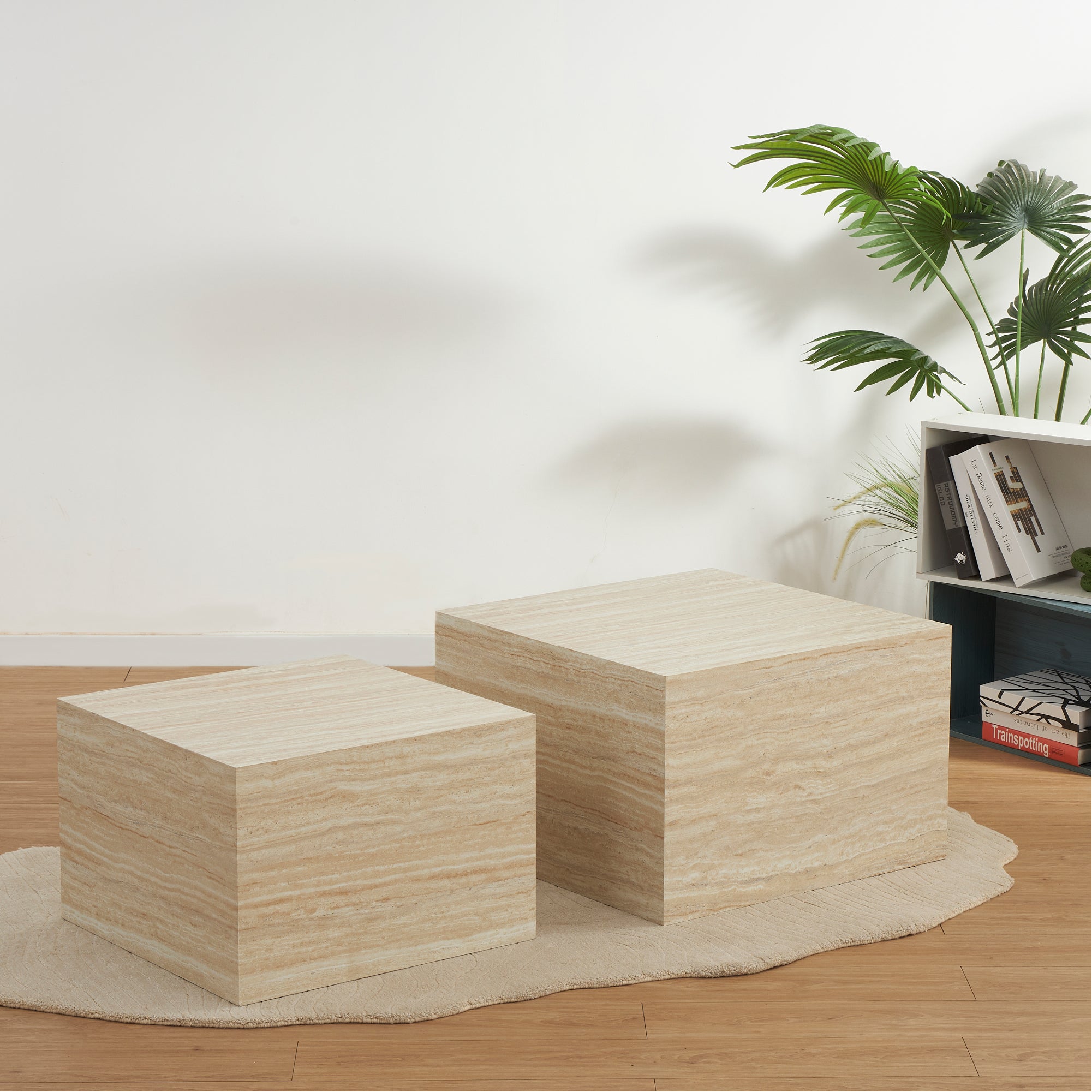 TANEDA - Conjunto de 2 mesas de centro quadradas em MDF com acabamento efeito pedra bege claro - 60 e 51 cm