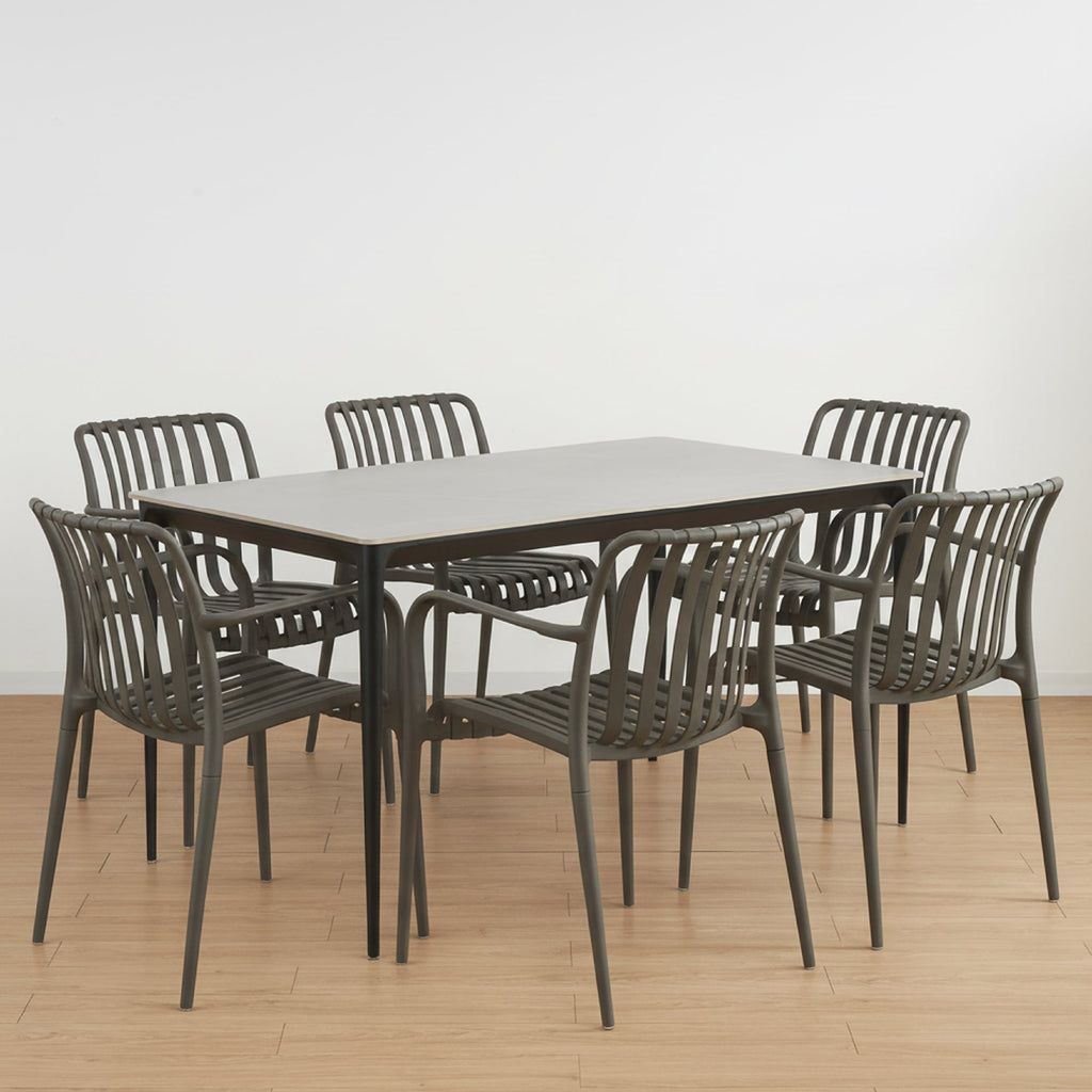 RUTH + WENDY | Conjunto de mesa 140x80 cm en cerámica sinterizada y 4 o 6 sillas de polipropileno para interior y exterior