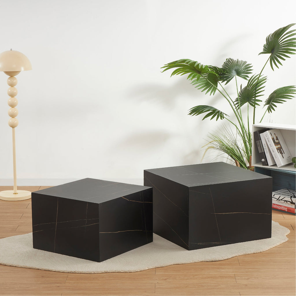 TANEDA - Conjunto de 2 mesas de centro quadradas em MDF preto com veios decorativos – 60 e 51 cm