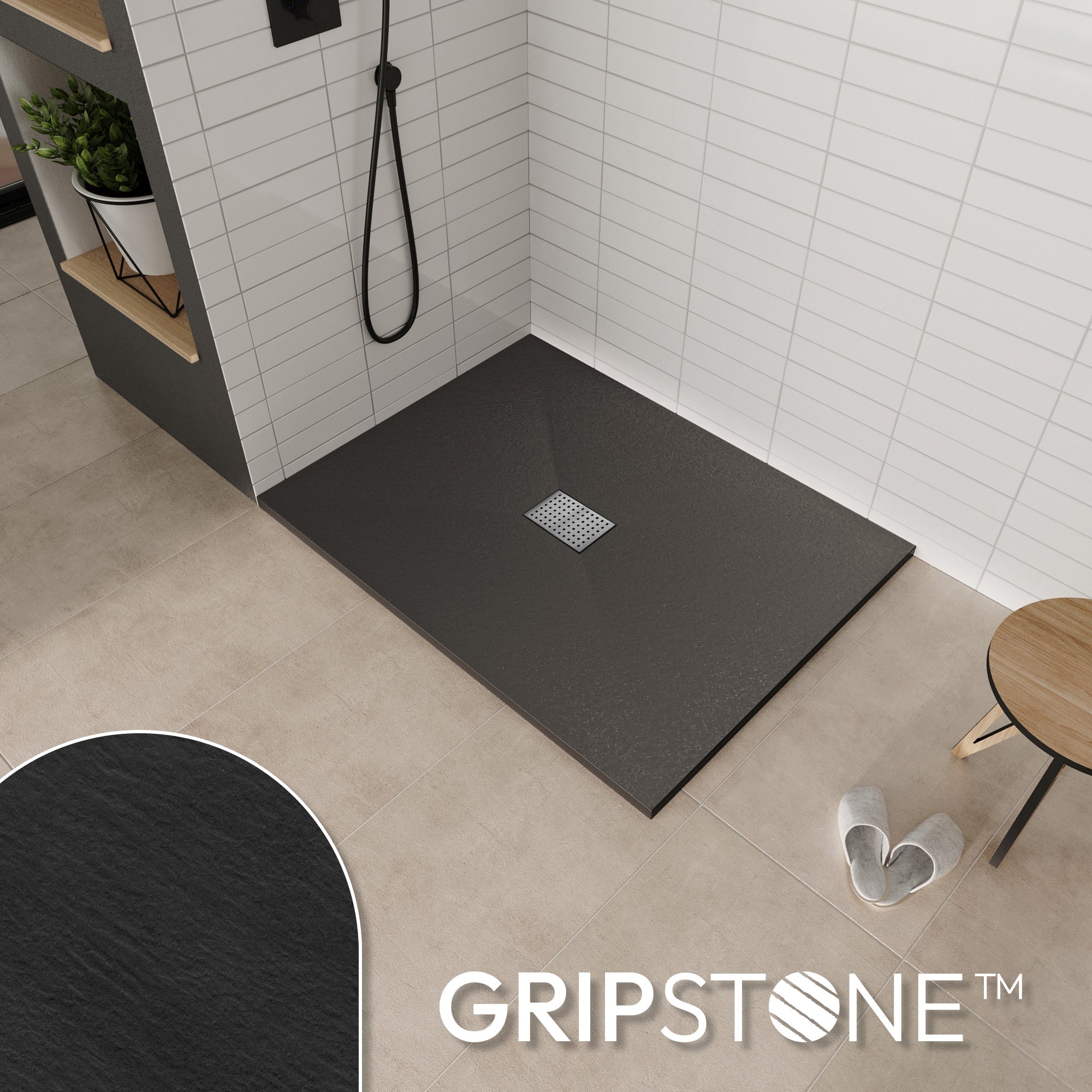 BOREAL - Base de duche preta RAL 7021 SMC antiderrapante GRIPSTONE com sifão incluído