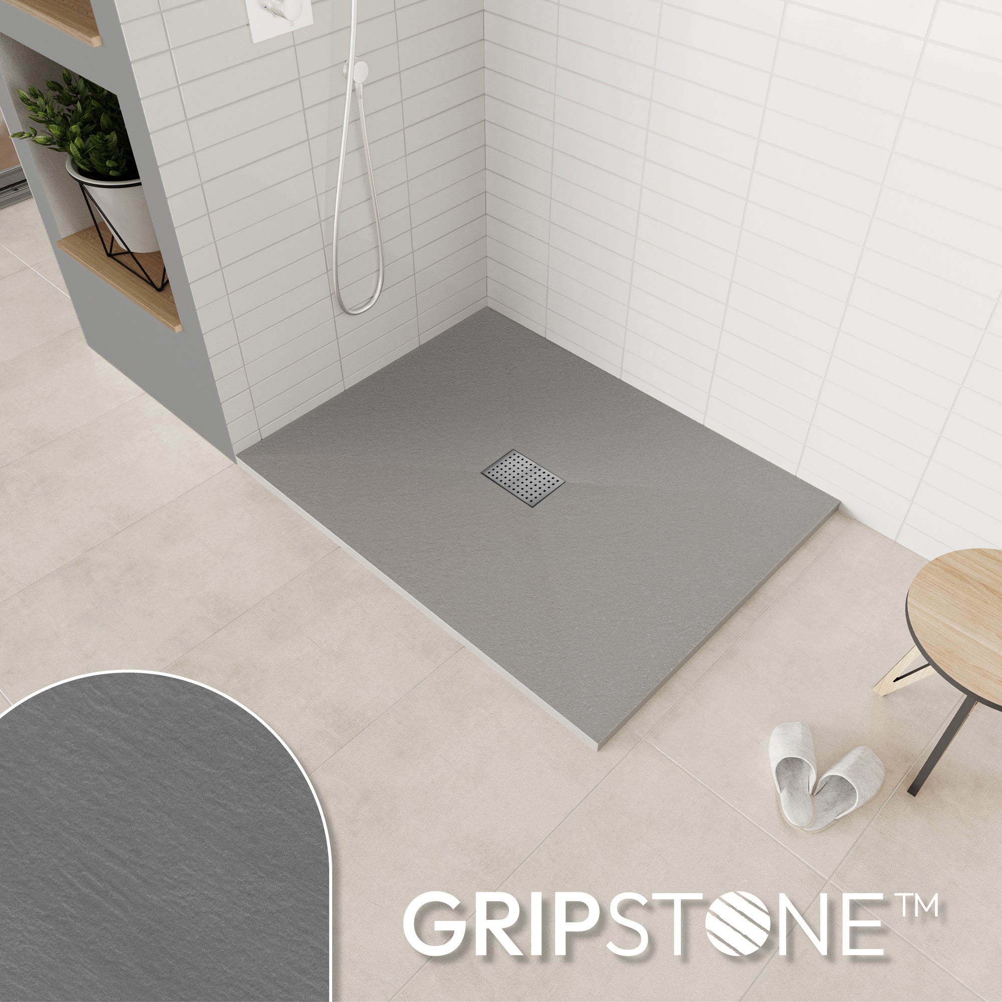 BOREAL - Base de duche cinzenta RAL 7030 SMC antiderrapante GRIPSTONE com sifão incluído