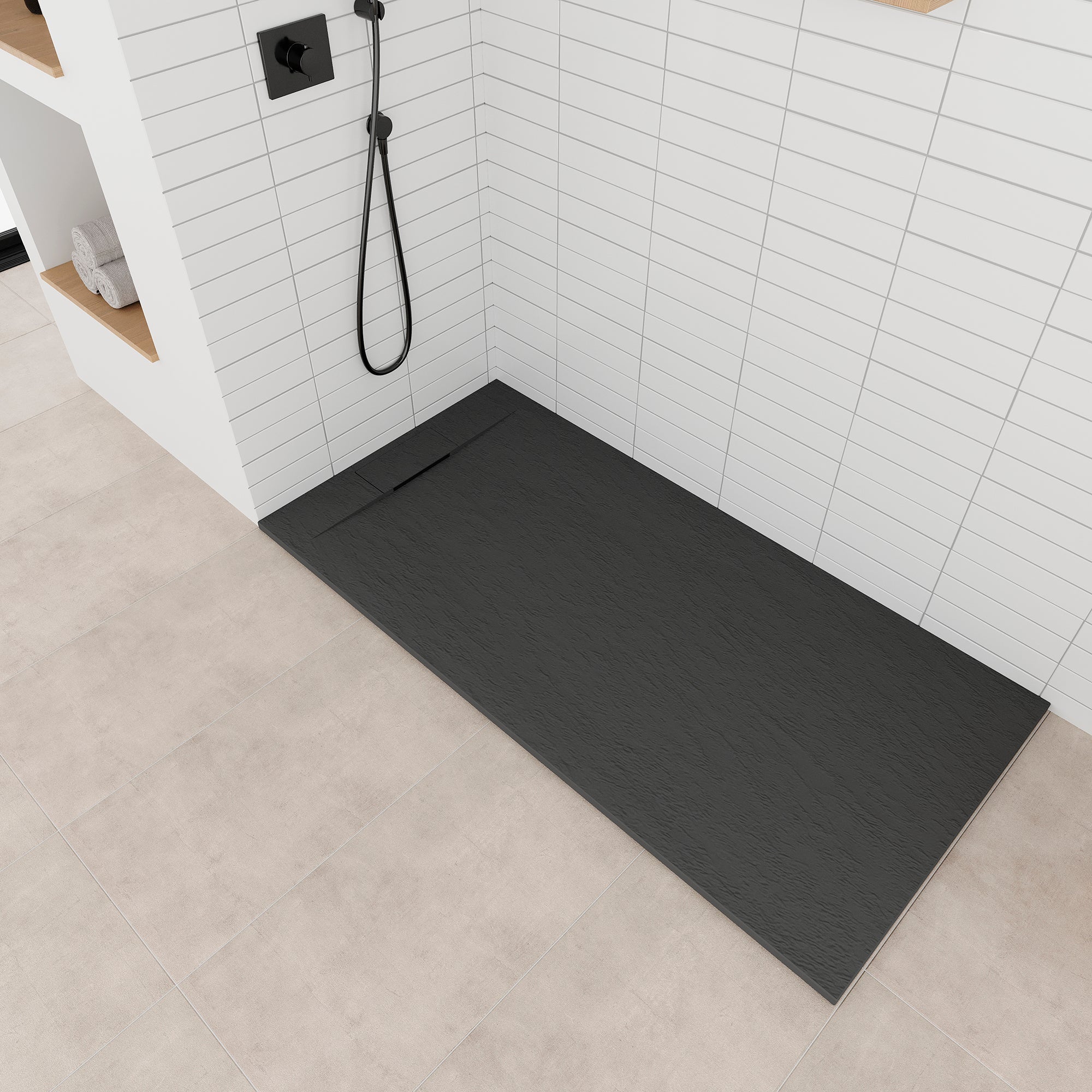 POLAR - Piatto doccia nero antiscivolo, resistente, durevole e facile da pulire - Incl. sifone