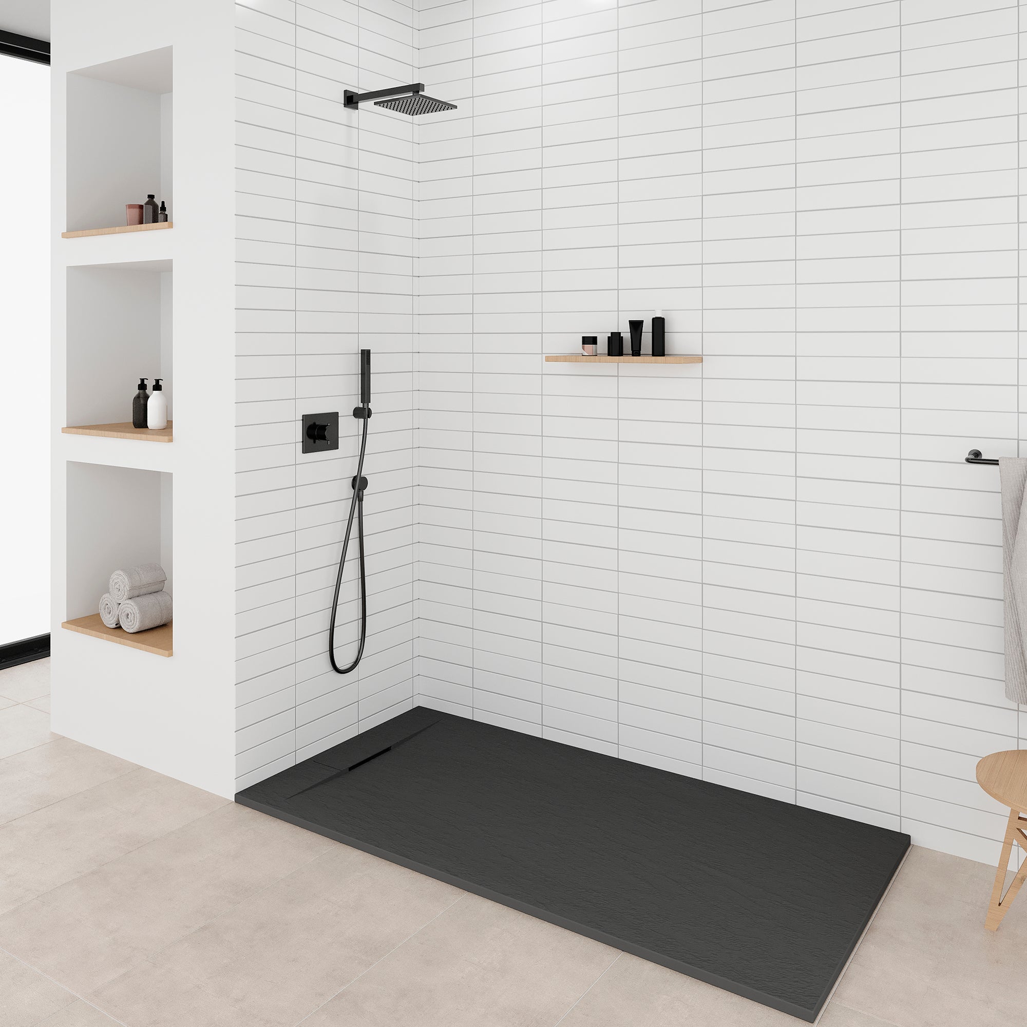 POLAR - Piatto doccia nero antiscivolo, resistente, durevole e facile da pulire - Incl. sifone