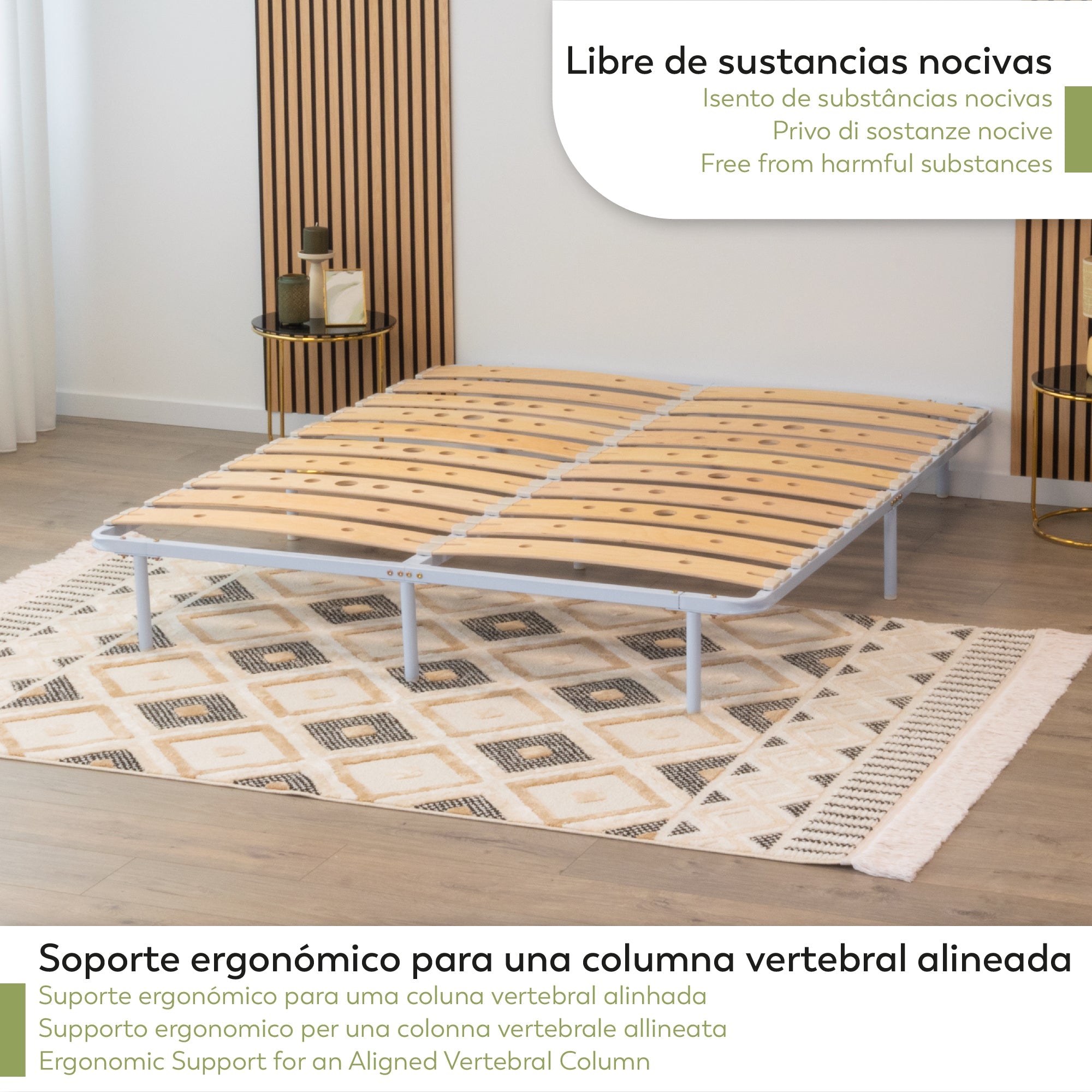 Austen | Somier con láminas de madera de abedul amortiguadas, estructura metálica blanca, altura de 23 cm con espacio de almacenaje inferior