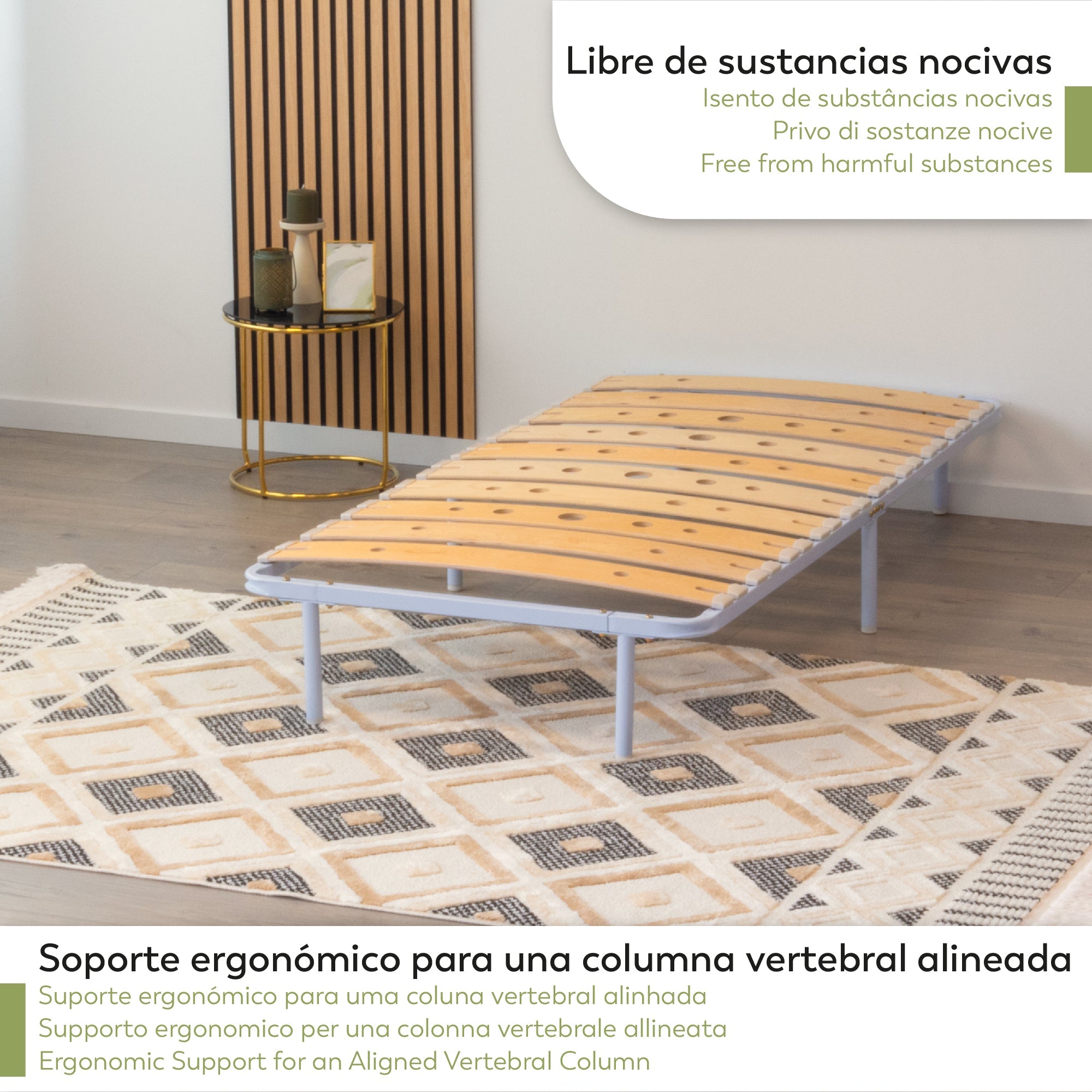Austen | Somier con láminas de madera de abedul amortiguadas, estructura metálica blanca, altura de 23 cm con espacio de almacenaje inferior