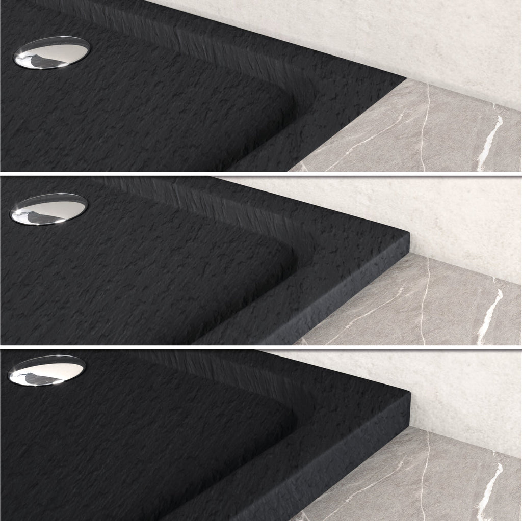 SHIMMER - Piatto doccia nero Stone acrilico, texture pietra, ultrasottile 5 cm, sifone e valvola inclusi