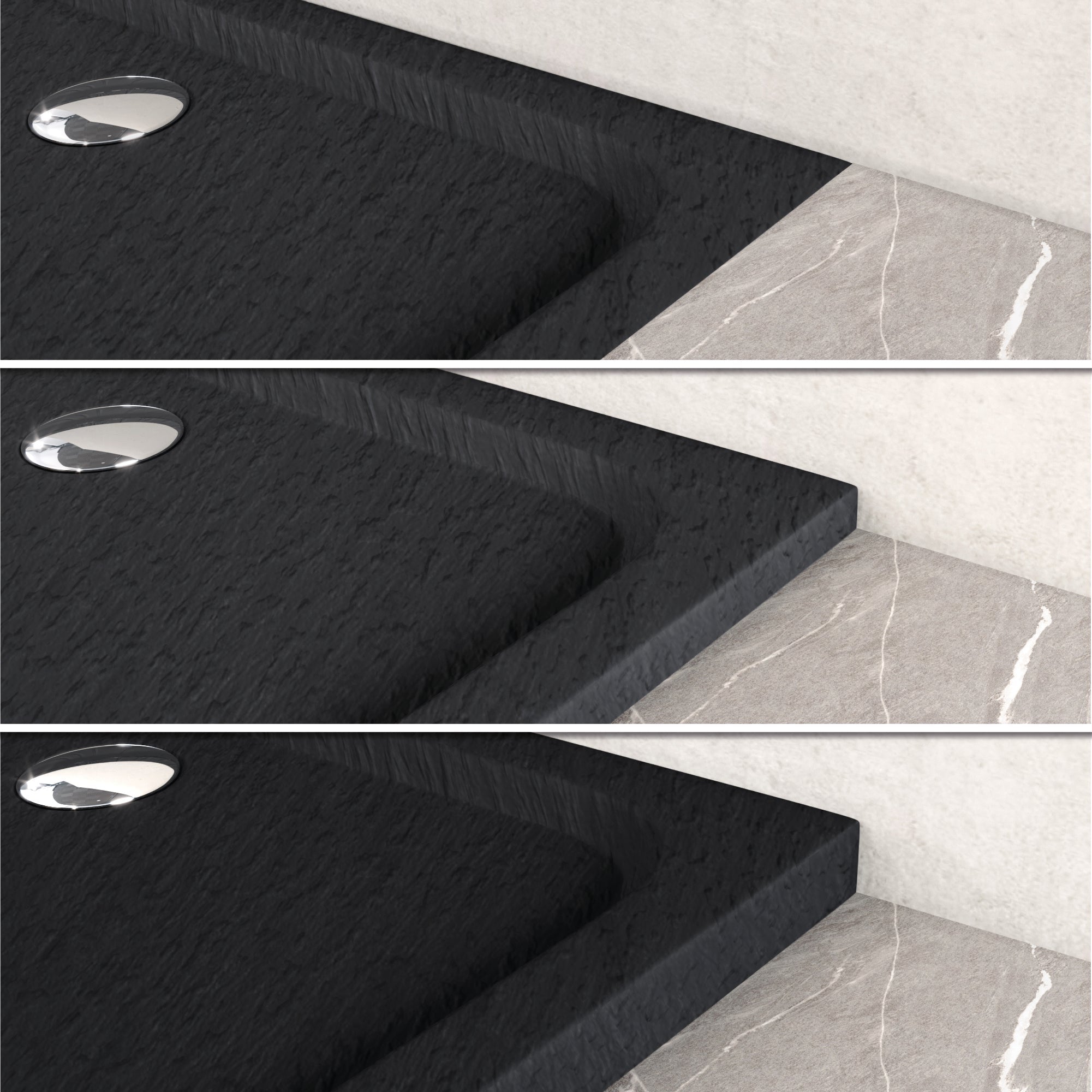 SHIMMER - Piatto doccia nero Stone acrilico, texture pietra, ultrasottile 5 cm, sifone e valvola inclusi