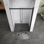 KAYLEE - Puerta de ducha reversible con puerta corredera y lateral fijo, perfil negro y vidrio templado transparente de 6 mm