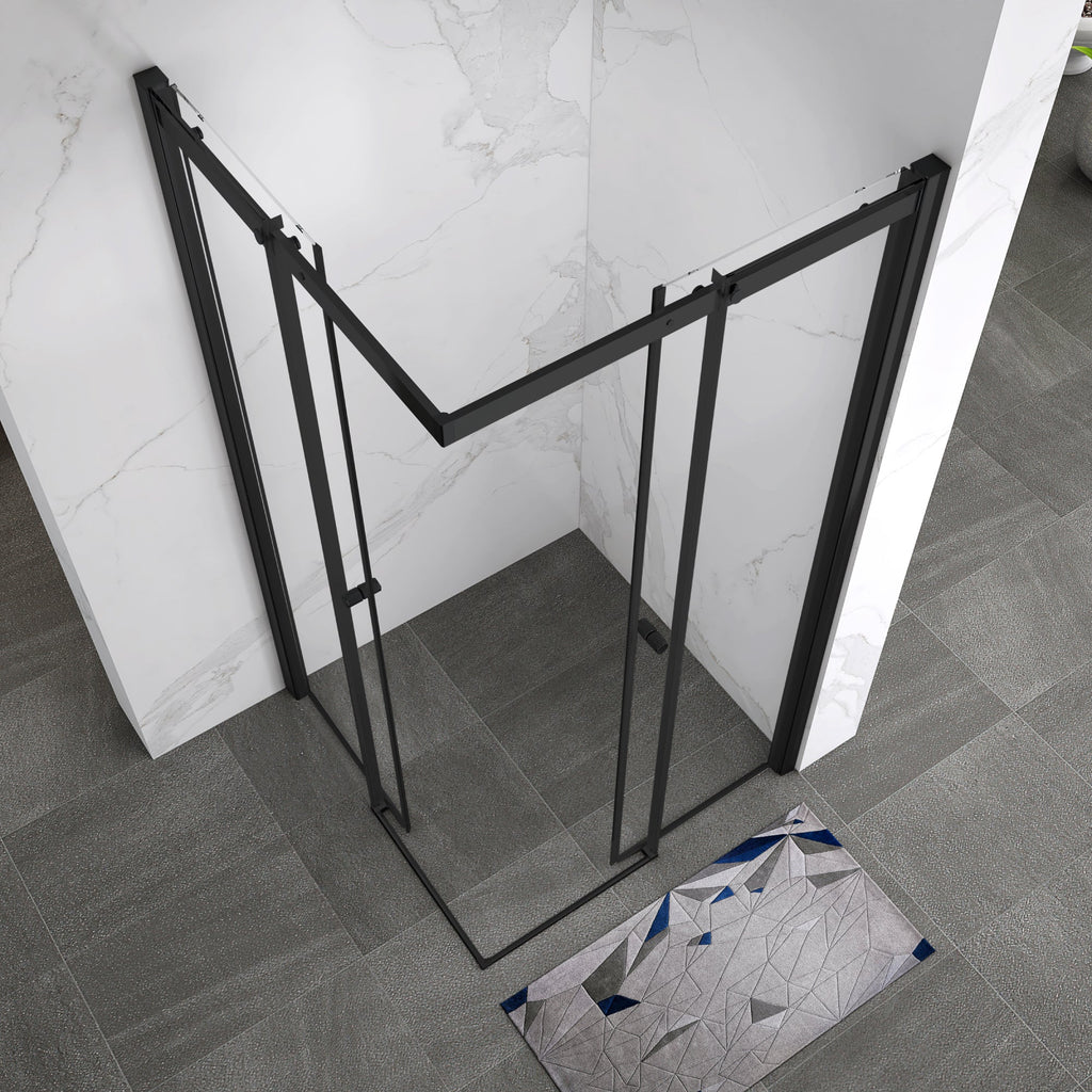 KAYLEE - Cabina doccia reversibile con porte scorrevoli, profilo nero e vetro temperato trasparente da 6 mm