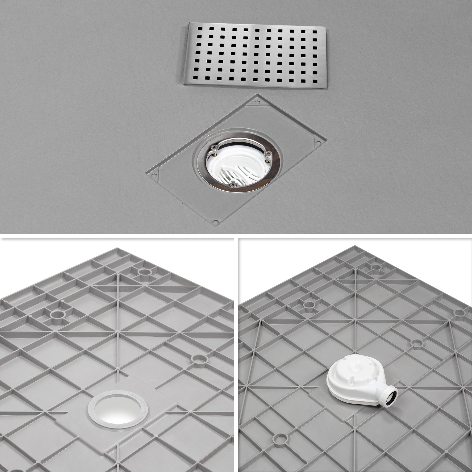 BOREAL - Base de duche cinzenta RAL 7030 SMC antiderrapante GRIPSTONE com sifão incluído
