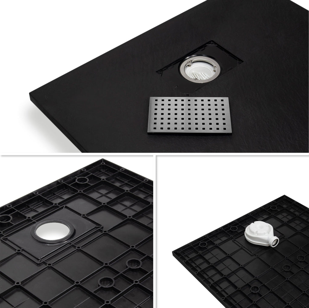 BOREAL - Base de duche preta RAL 7021 SMC antiderrapante GRIPSTONE com sifão incluído