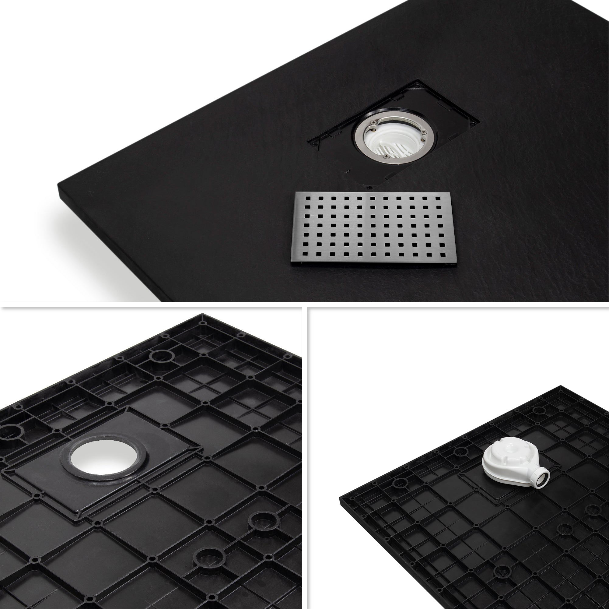 BOREAL - Base de duche preta RAL 7021 SMC antiderrapante GRIPSTONE com sifão incluído