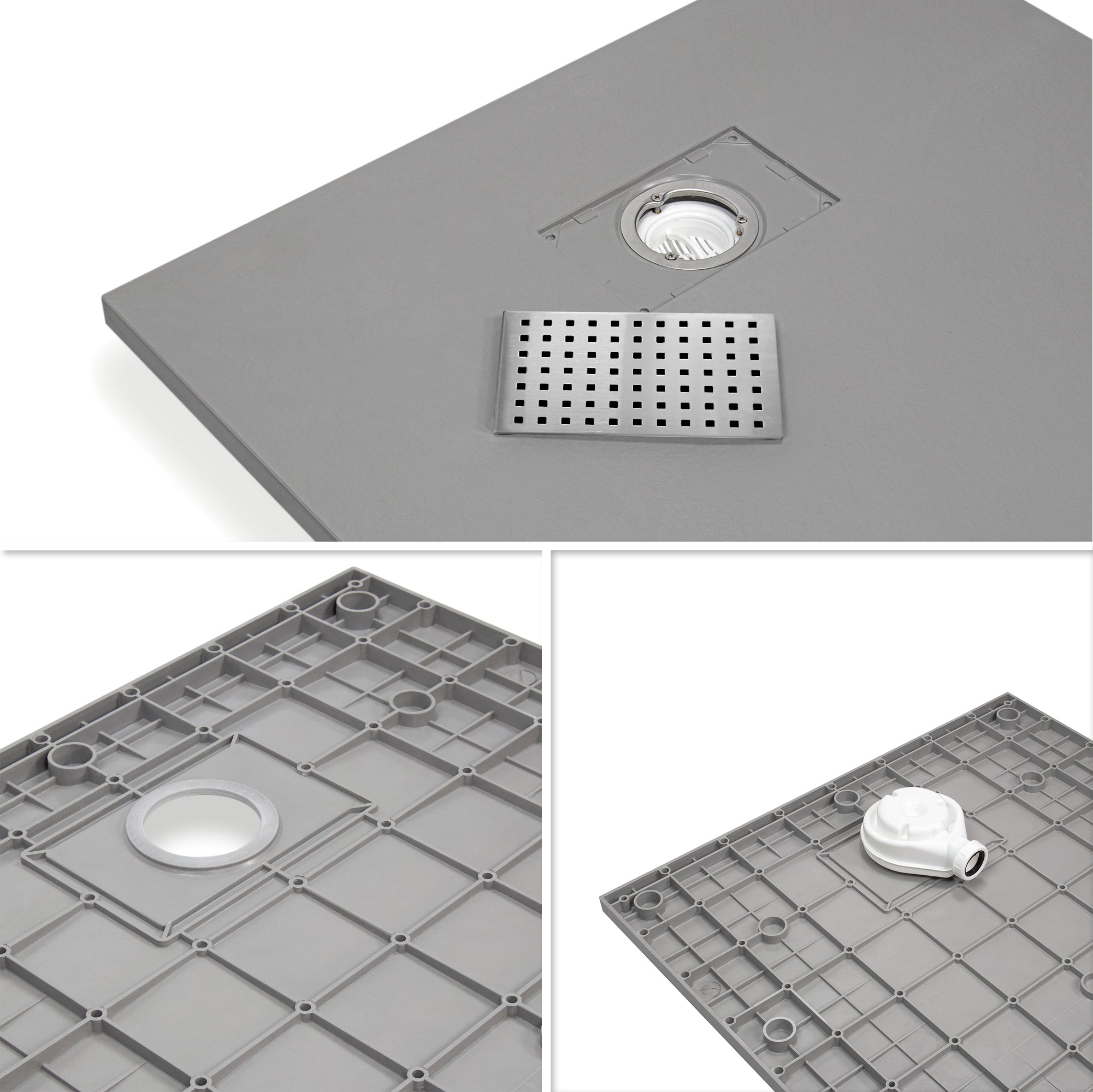 BOREAL - Base de duche cinzenta RAL 7030 SMC antiderrapante GRIPSTONE com sifão incluído