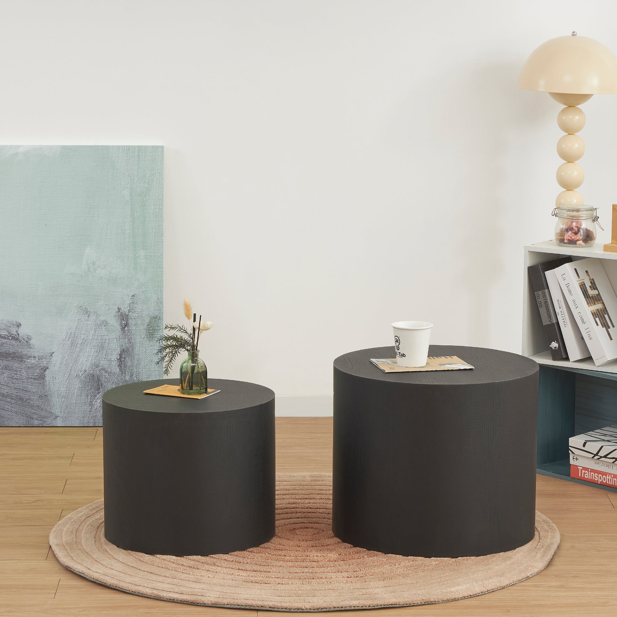 YANKA - Set di 2 tavolini da caffè in MDF nero opaco - Ø 49 e Ø 38 cm