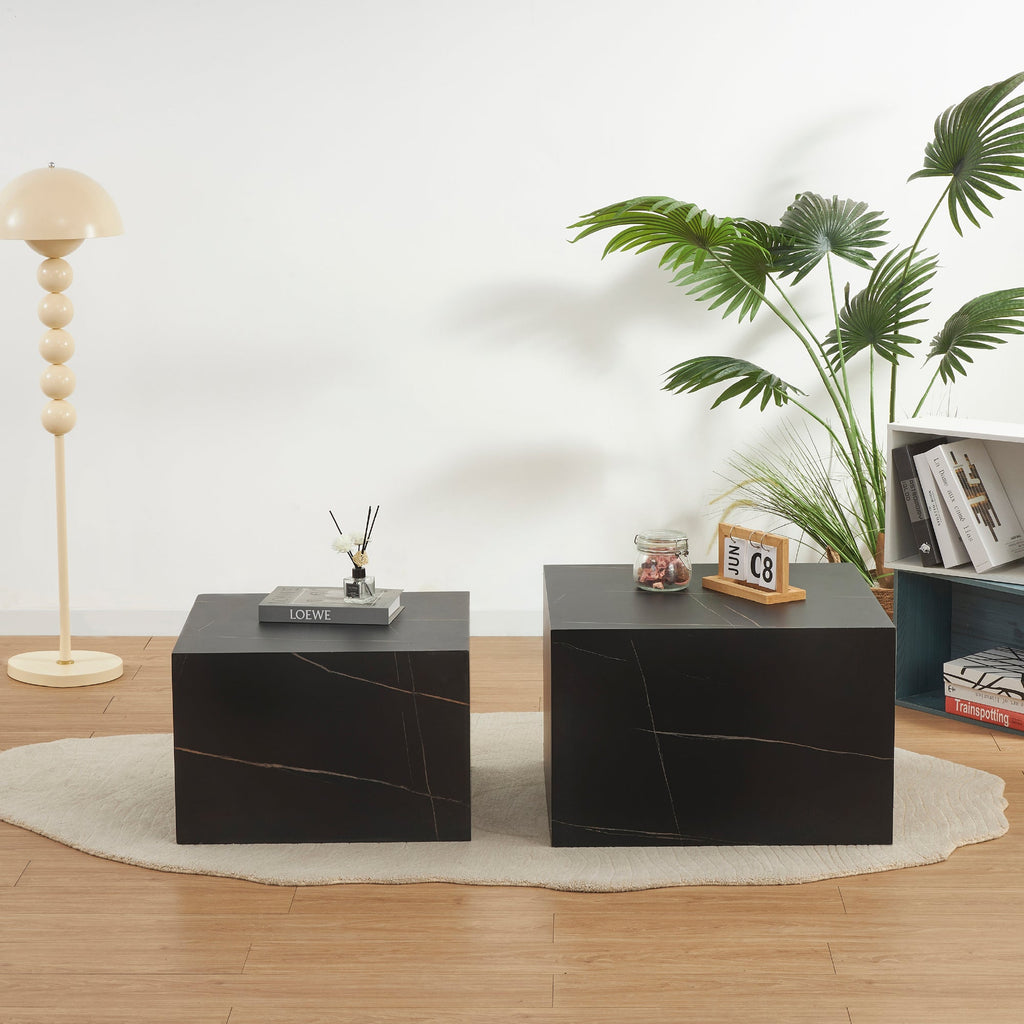 TANEDA - Conjunto de 2 mesas de centro quadradas em MDF preto com veios decorativos – 60 e 51 cm