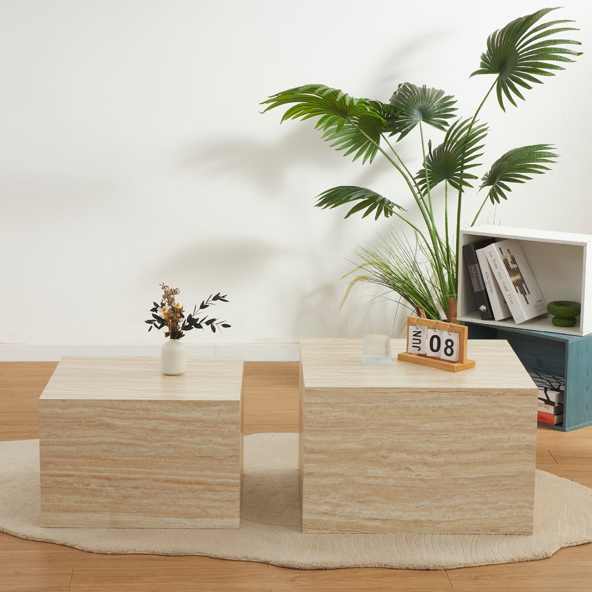 TANEDA - Conjunto de 2 mesas de centro quadradas em MDF com acabamento efeito pedra bege claro - 60 e 51 cm