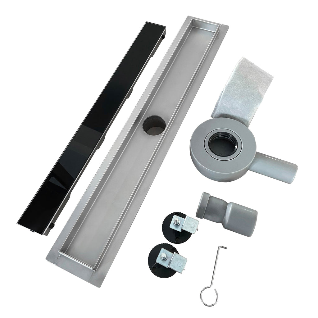 Ralo de duche plano de aço inoxidável com tampa de vidro preto B2