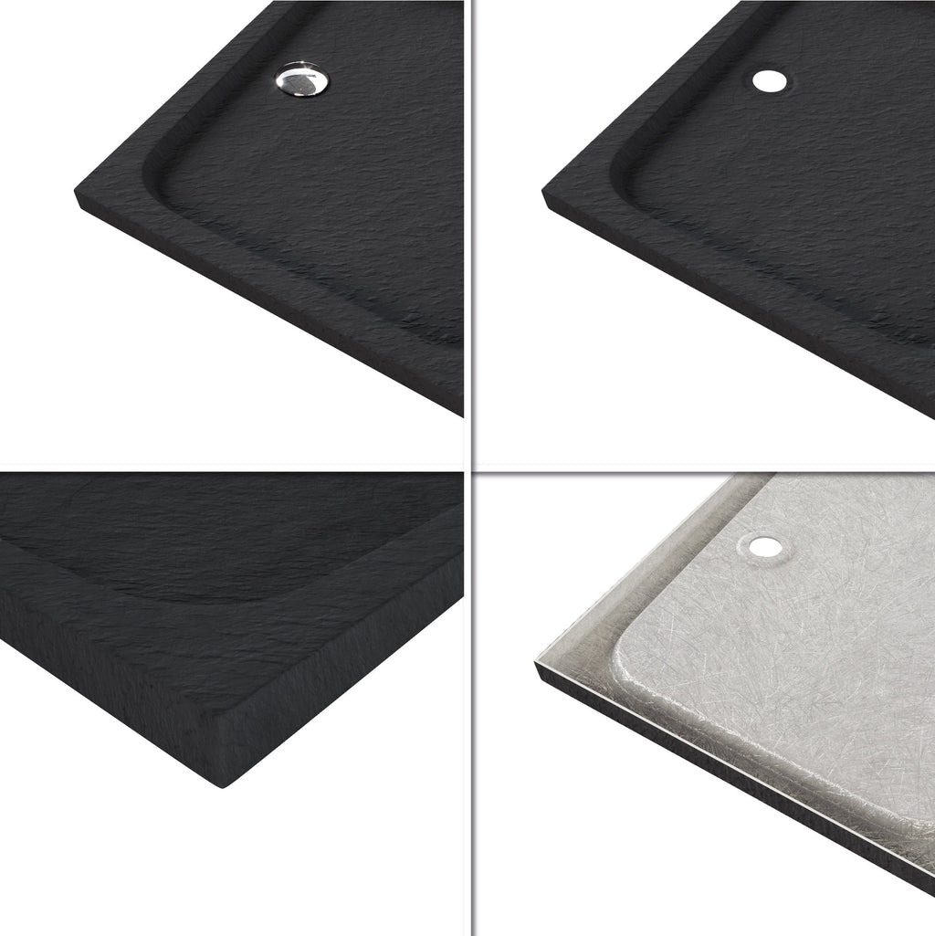 SHIMMER - Piatto doccia nero Stone acrilico, texture pietra, ultrasottile 5 cm, sifone e valvola inclusi