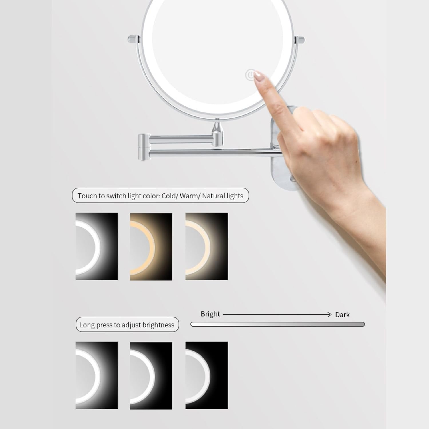 Specchio da barba/trucco ricaricabile con LED, ingrandimento 5X, rotazione 360º