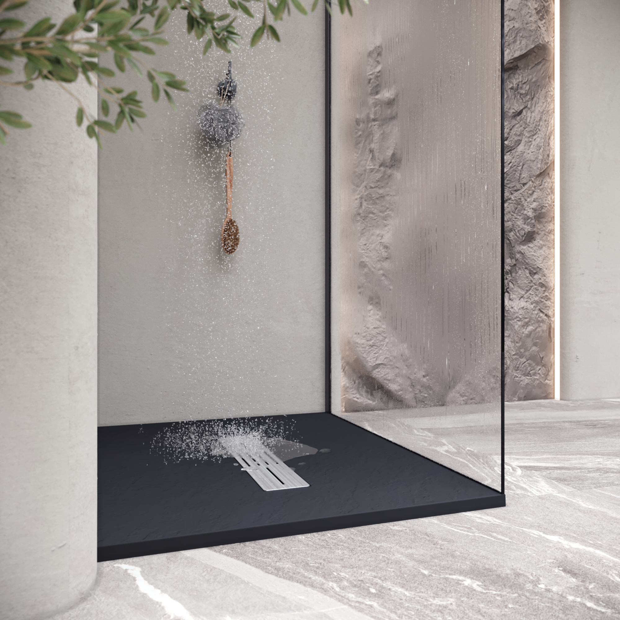 LUMIA - Piatto doccia nero antiscivolo, resistente e durevole - Incl. sifone e griglia inox