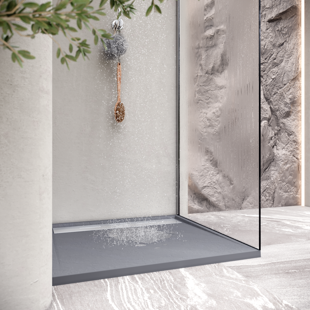 HIEMAL - Piatto doccia grigio antiscivolo, resistente e durevole - Incl. sifone e griglia inox