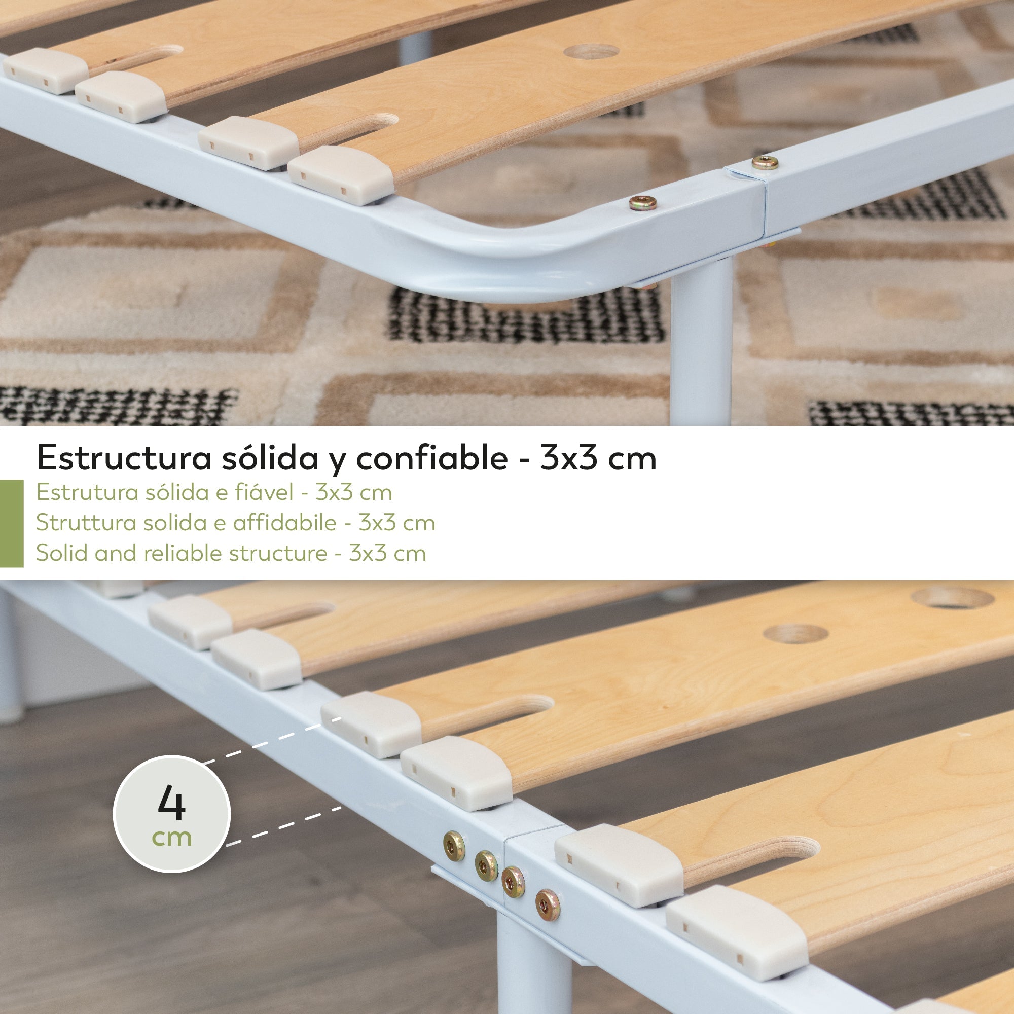 Austen | Somier con láminas de madera de abedul amortiguadas, estructura metálica blanca, altura de 23 cm con espacio de almacenaje inferior
