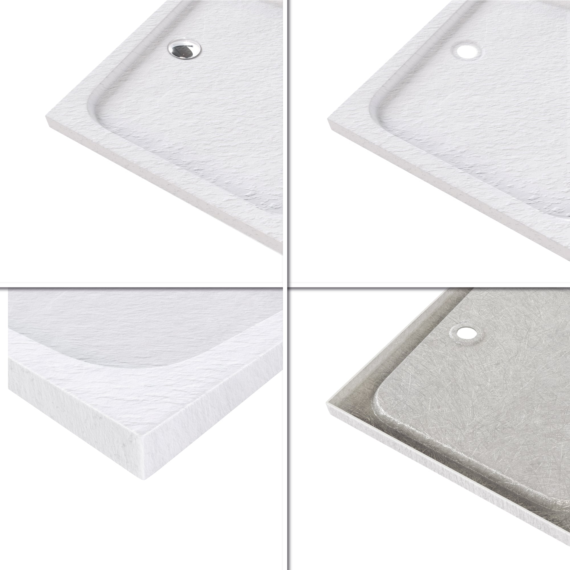 SHIMMER - Piatto doccia bianco Stone acrilico, texture pietra, ultrasottile 5 cm, sifone e valvola inclusi