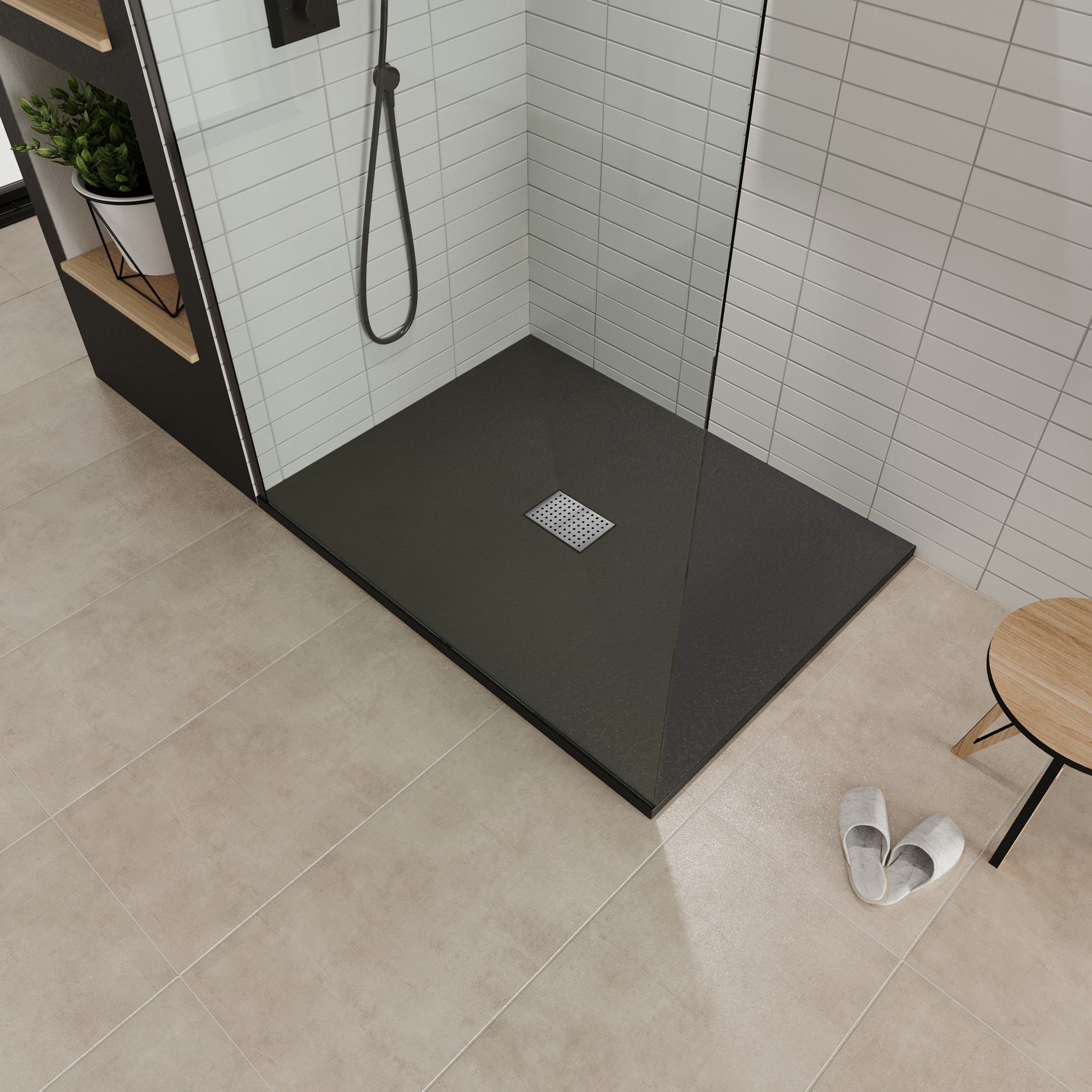 BOREAL - Base de duche preta RAL 7021 SMC antiderrapante GRIPSTONE com sifão incluído