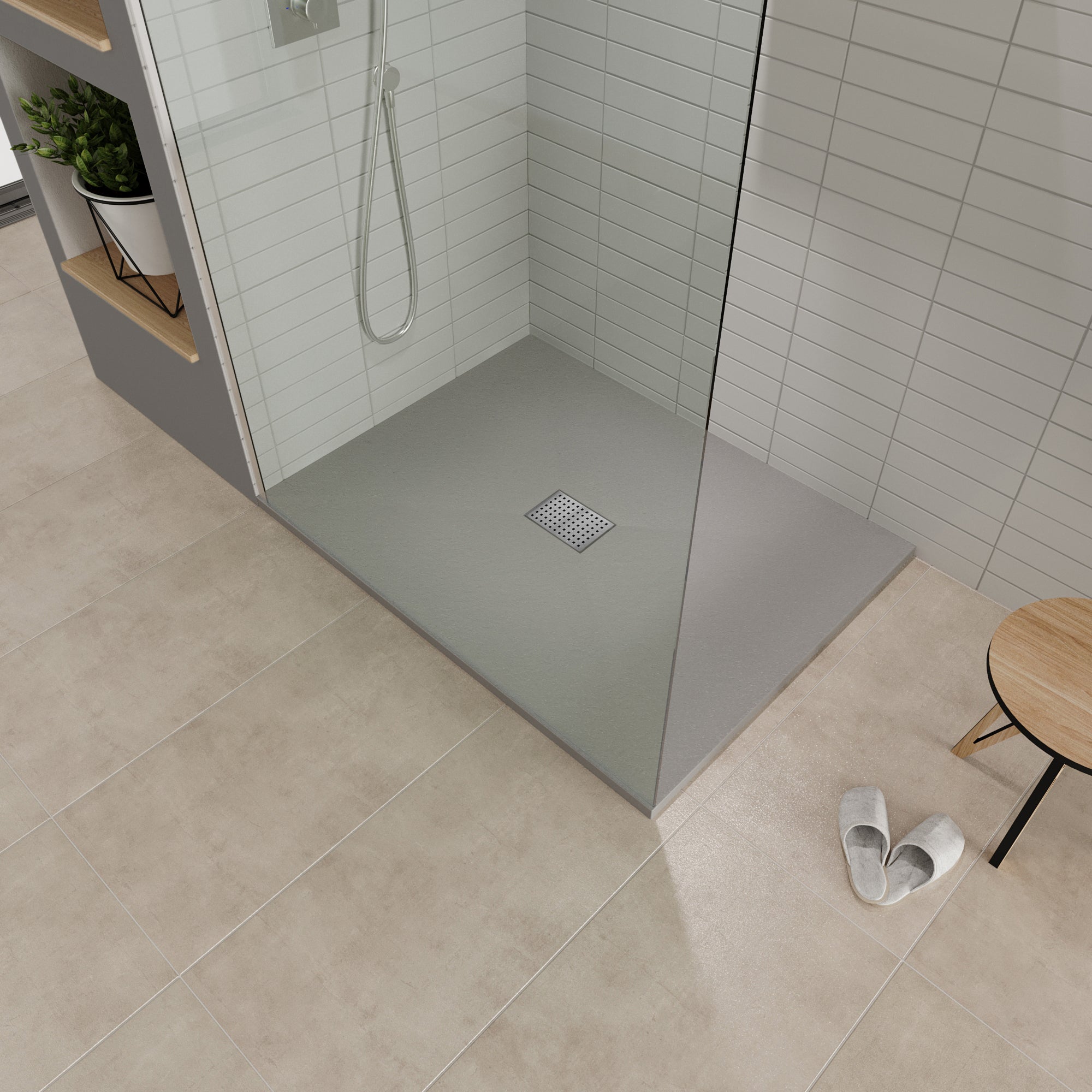 BOREAL - Base de duche cinzenta RAL 7030 SMC antiderrapante GRIPSTONE com sifão incluído