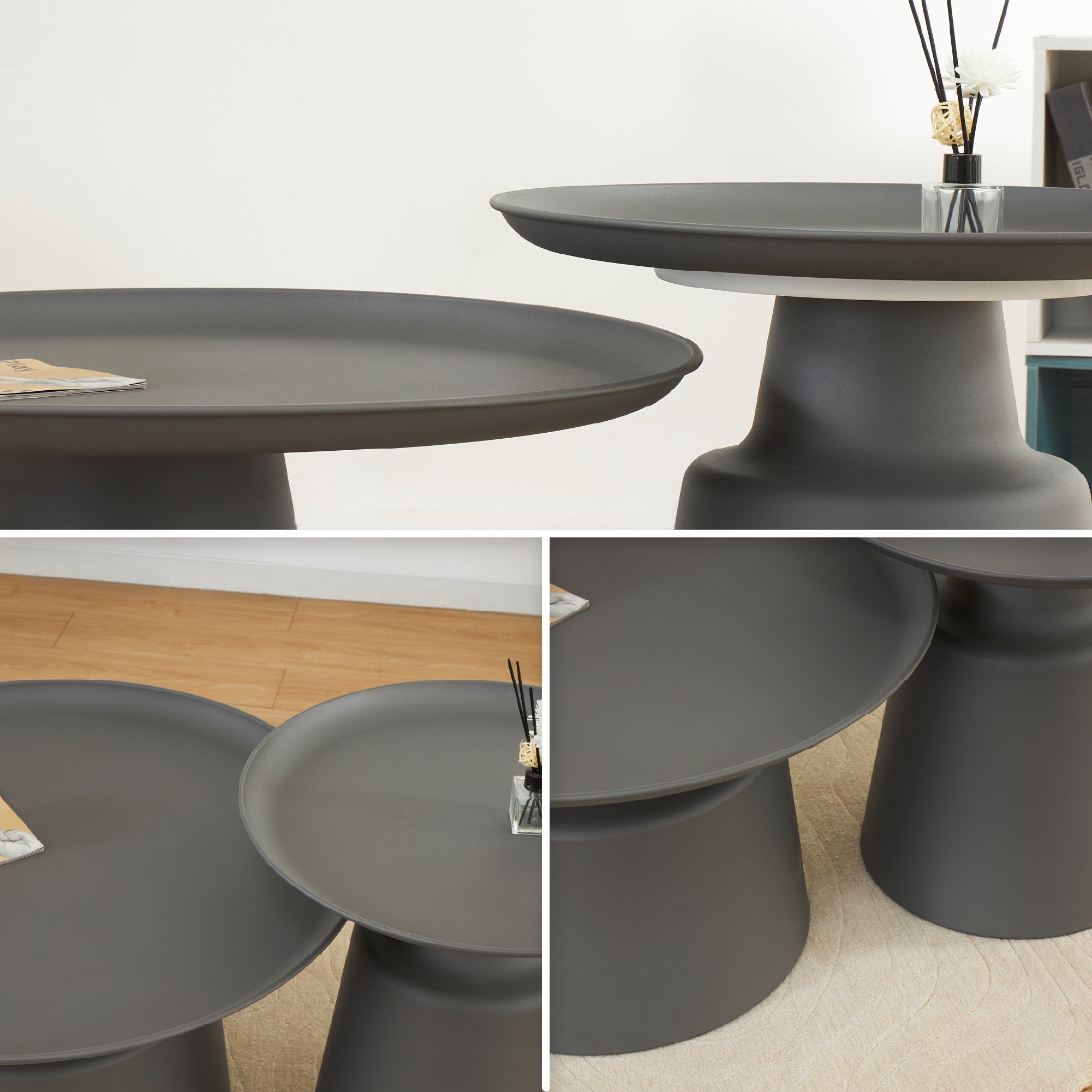 ONAT - Set di 2 tavolini da caffè/centro con struttura metallica e finitura nera (Ø 65 e Ø 45 cm)