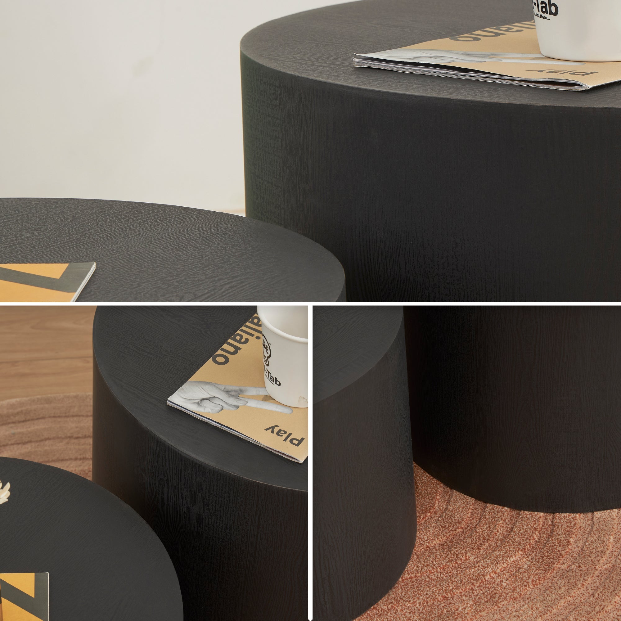 YANKA - Set di 2 tavolini da caffè in MDF nero opaco - Ø 49 e Ø 38 cm