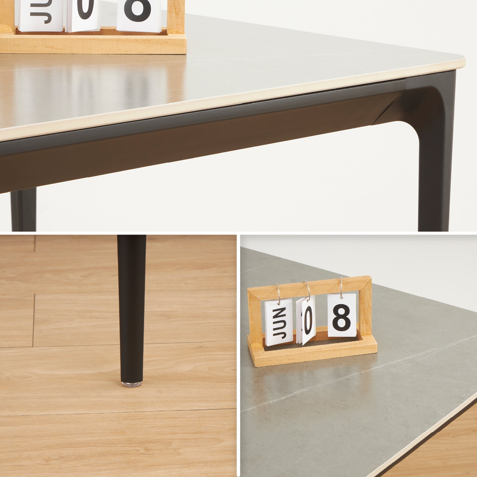 RUTH - Mesa de comedor 140x80 cm para interior y exterior, tablero de cerámica sinterizada efecto piedra y estructura de aluminio negro