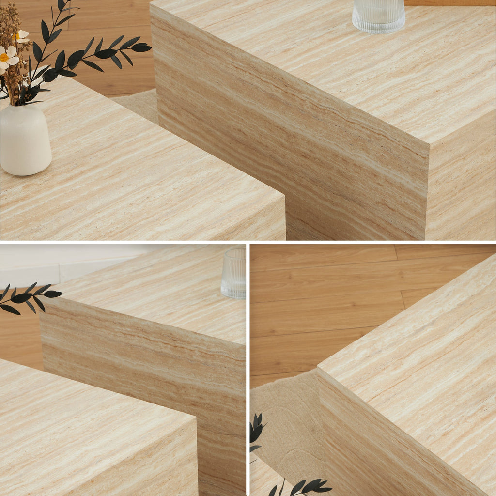 TANEDA - Conjunto de 2 mesas de centro quadradas em MDF com acabamento efeito pedra bege claro - 60 e 51 cm