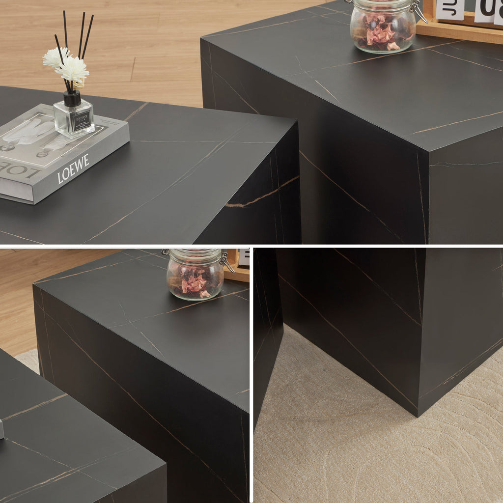 TANEDA - Conjunto de 2 mesas de centro quadradas em MDF preto com veios decorativos – 60 e 51 cm