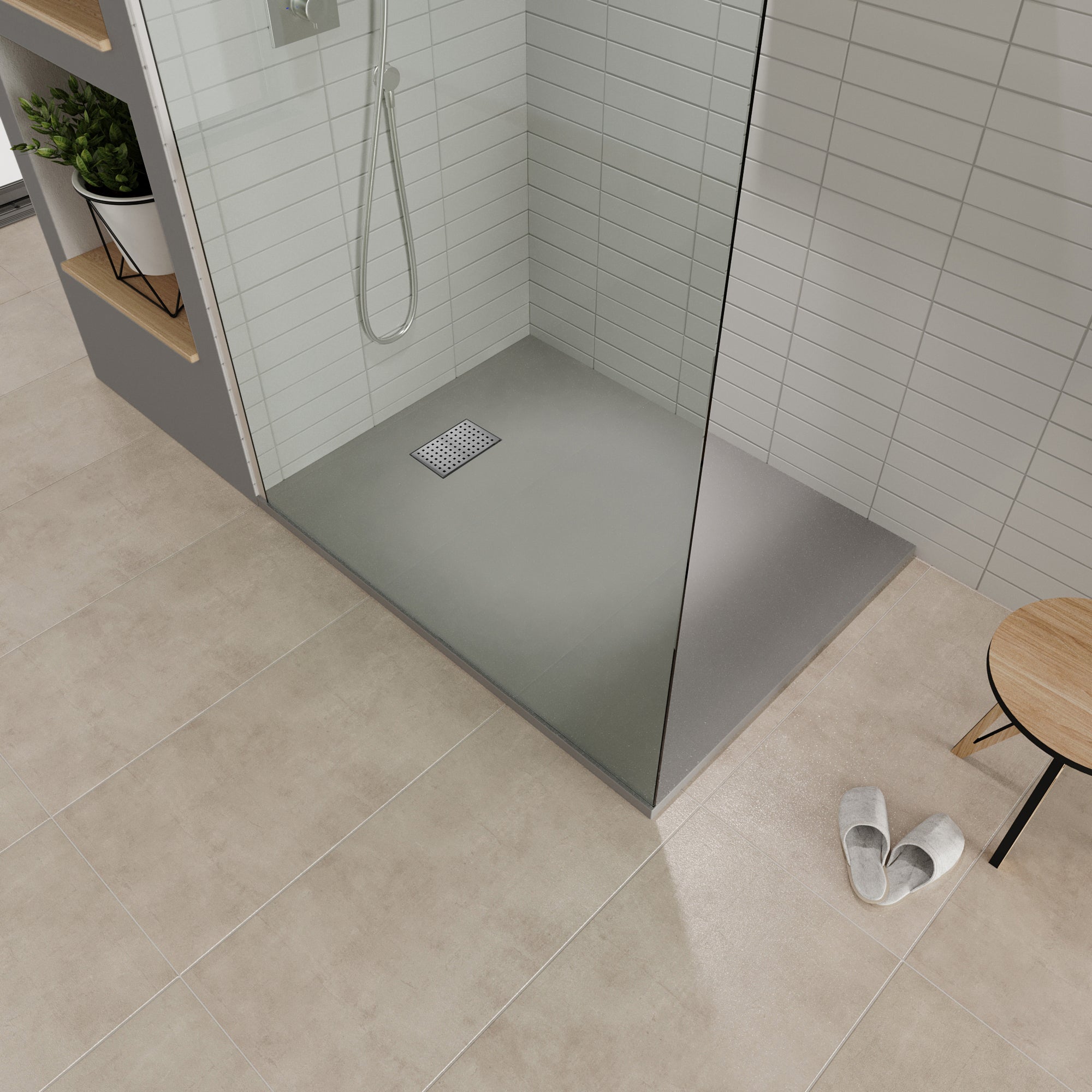 BOREAL - Base de duche cinzenta RAL 7030 SMC antiderrapante GRIPSTONE com sifão incluído