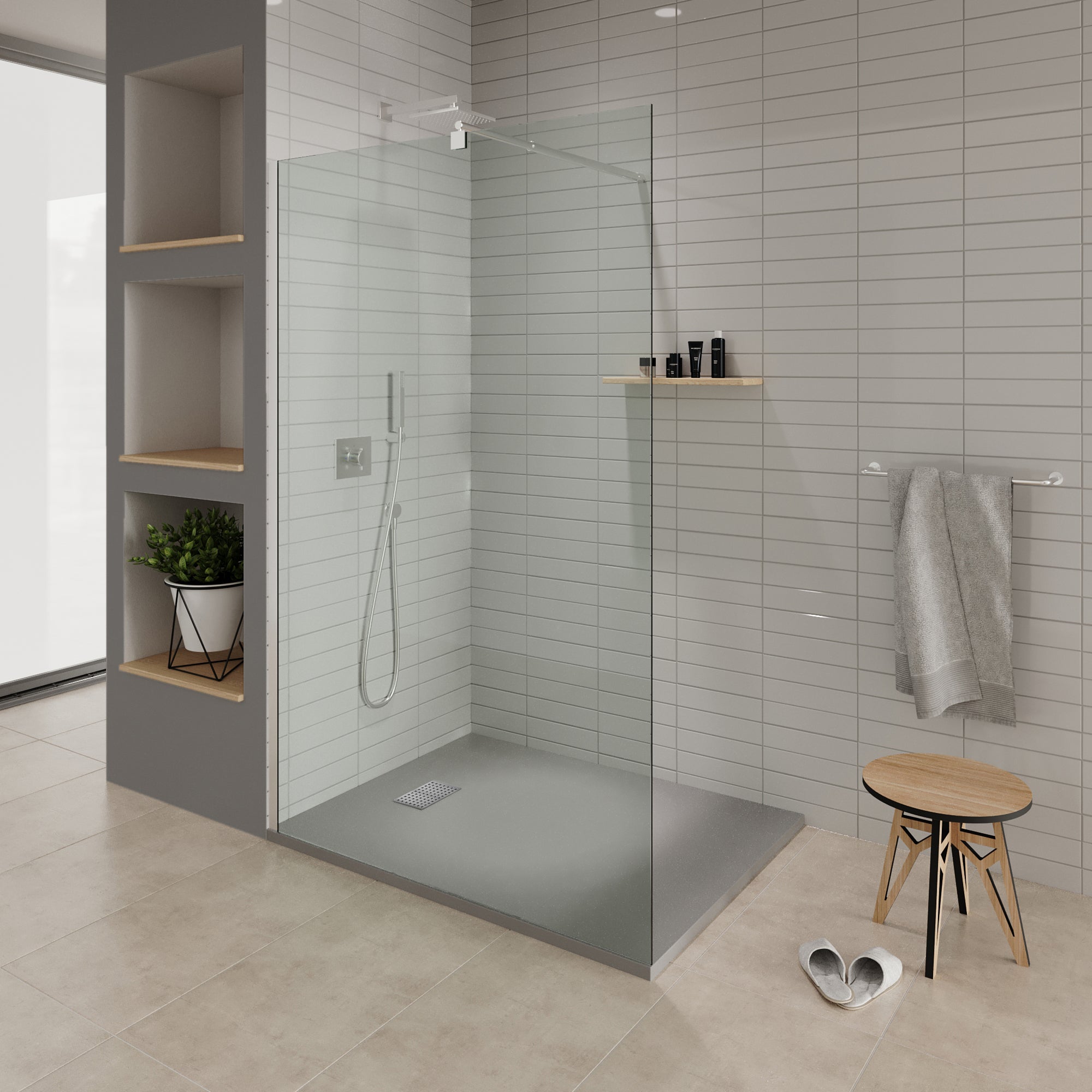 BOREAL - Base de duche cinzenta RAL 7030 SMC antiderrapante GRIPSTONE com sifão incluído