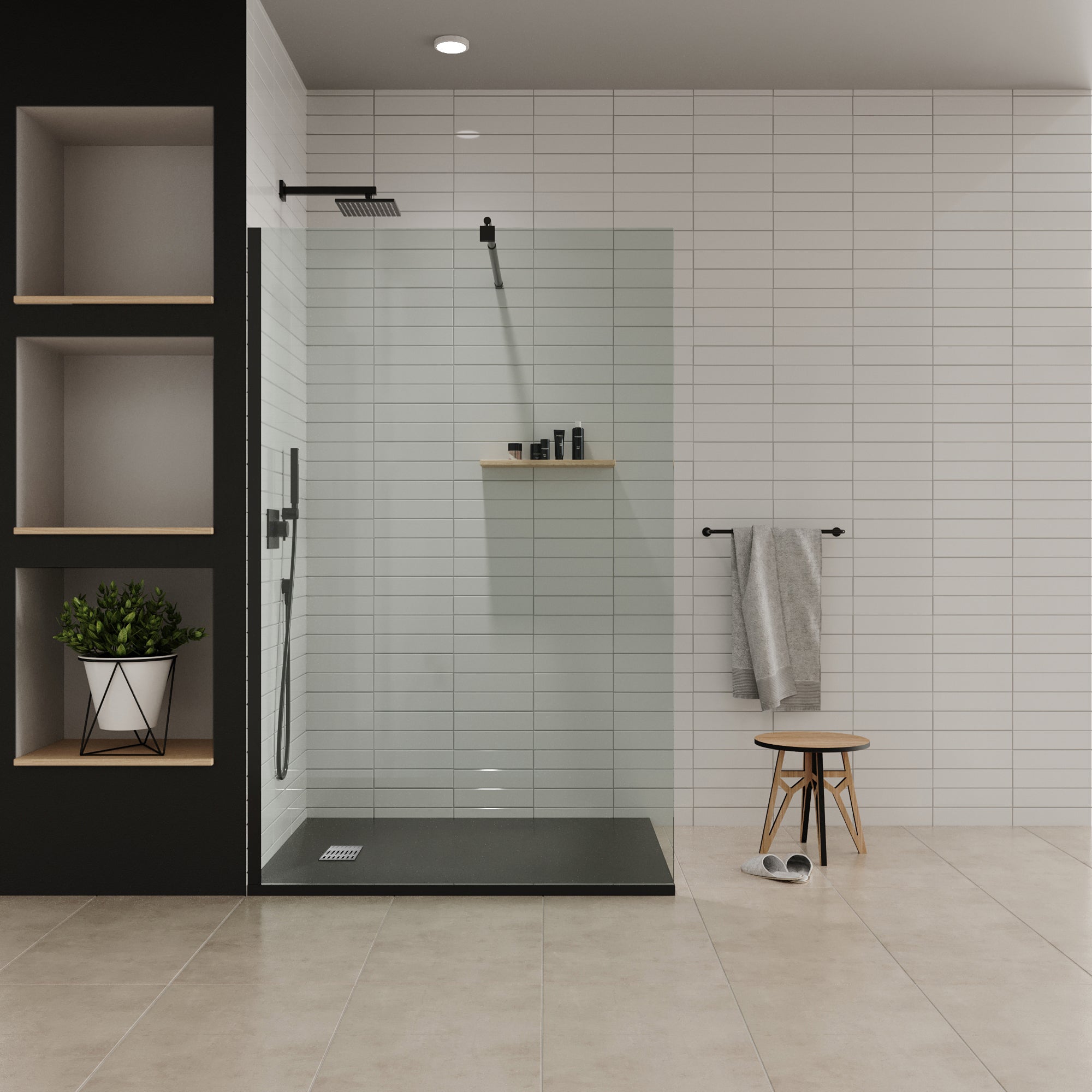 BOREAL - Base de duche preta RAL 7021 SMC antiderrapante GRIPSTONE com sifão incluído