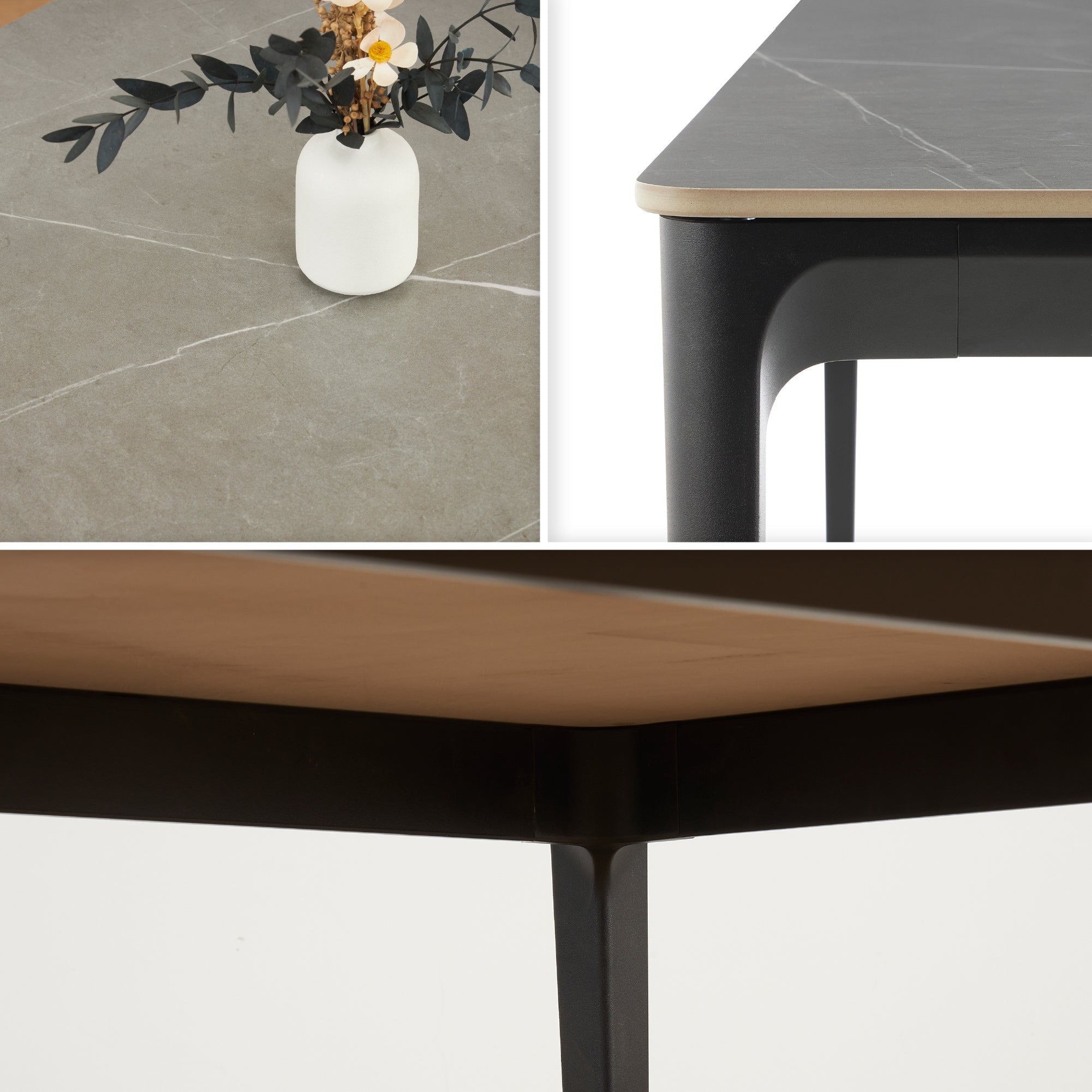 RUTH - Mesa de comedor 140x80 cm para interior y exterior, tablero de cerámica sinterizada efecto piedra y estructura de aluminio negro