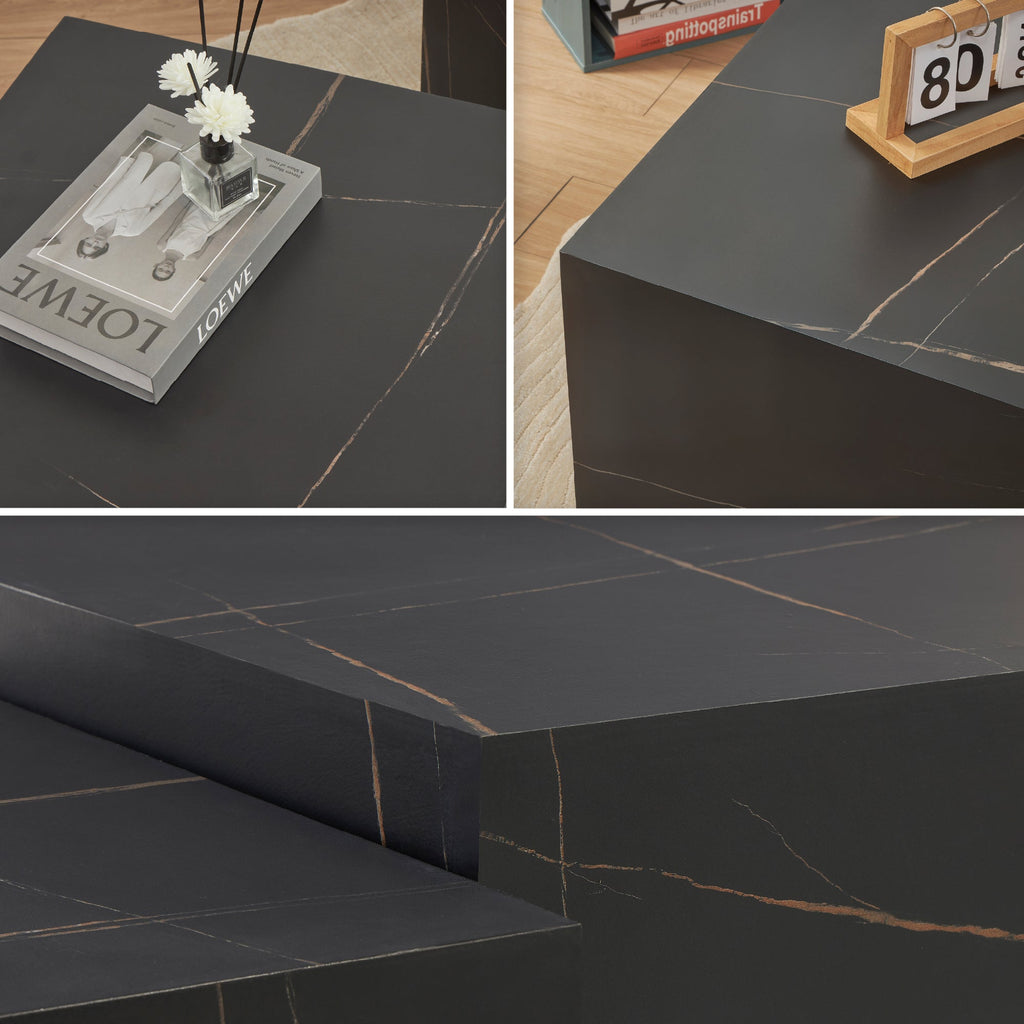 TANEDA - Conjunto de 2 mesas de centro quadradas em MDF preto com veios decorativos – 60 e 51 cm